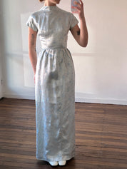 60s Light Blue Embroidered Silk Satin Cape Dress