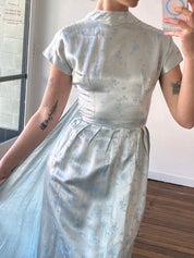 60s Light Blue Embroidered Silk Satin Cape Dress