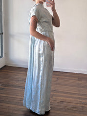 60s Light Blue Embroidered Silk Satin Cape Dress