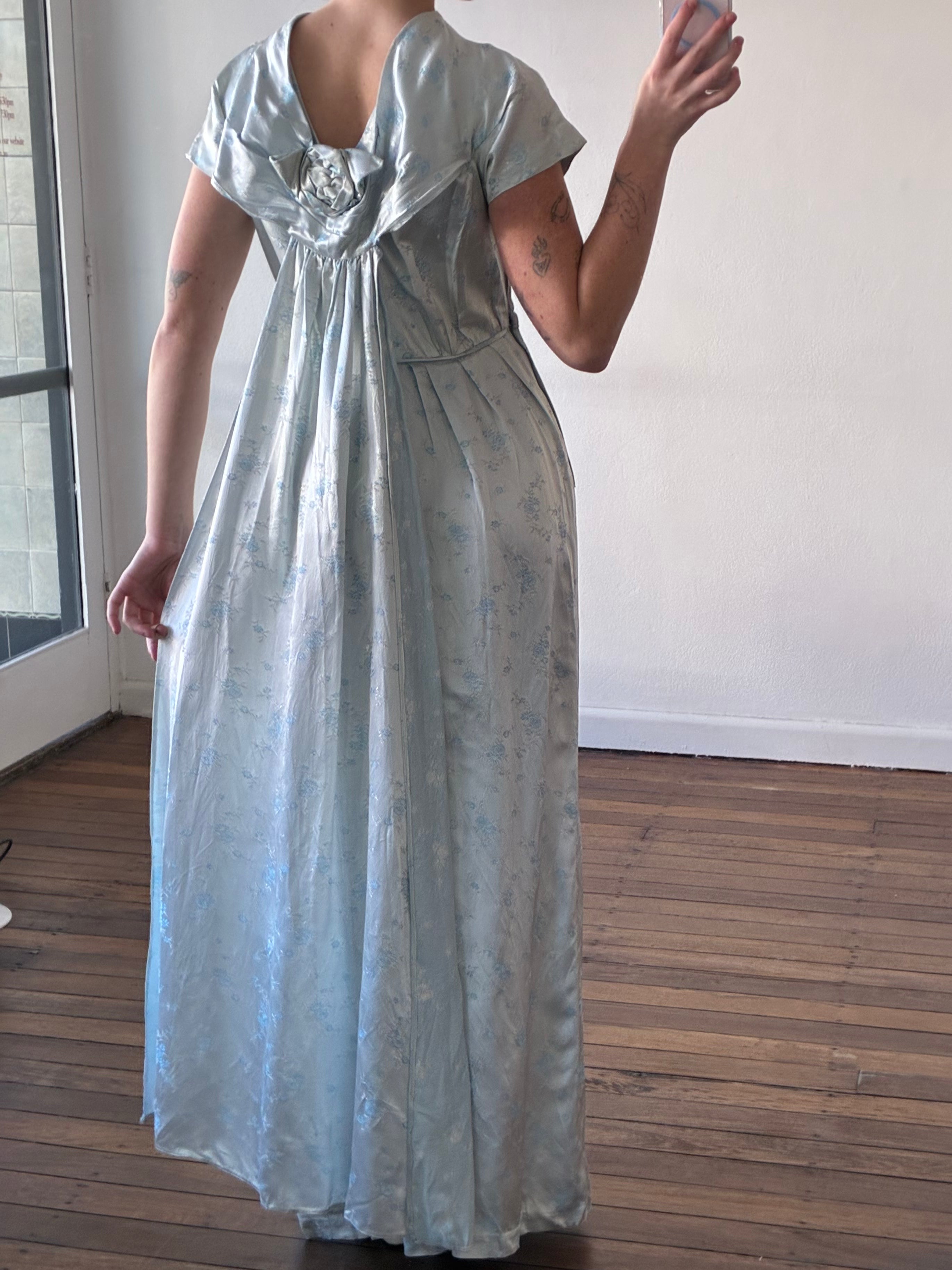 60s Light Blue Embroidered Silk Satin Cape Dress