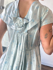 60s Light Blue Embroidered Silk Satin Cape Dress