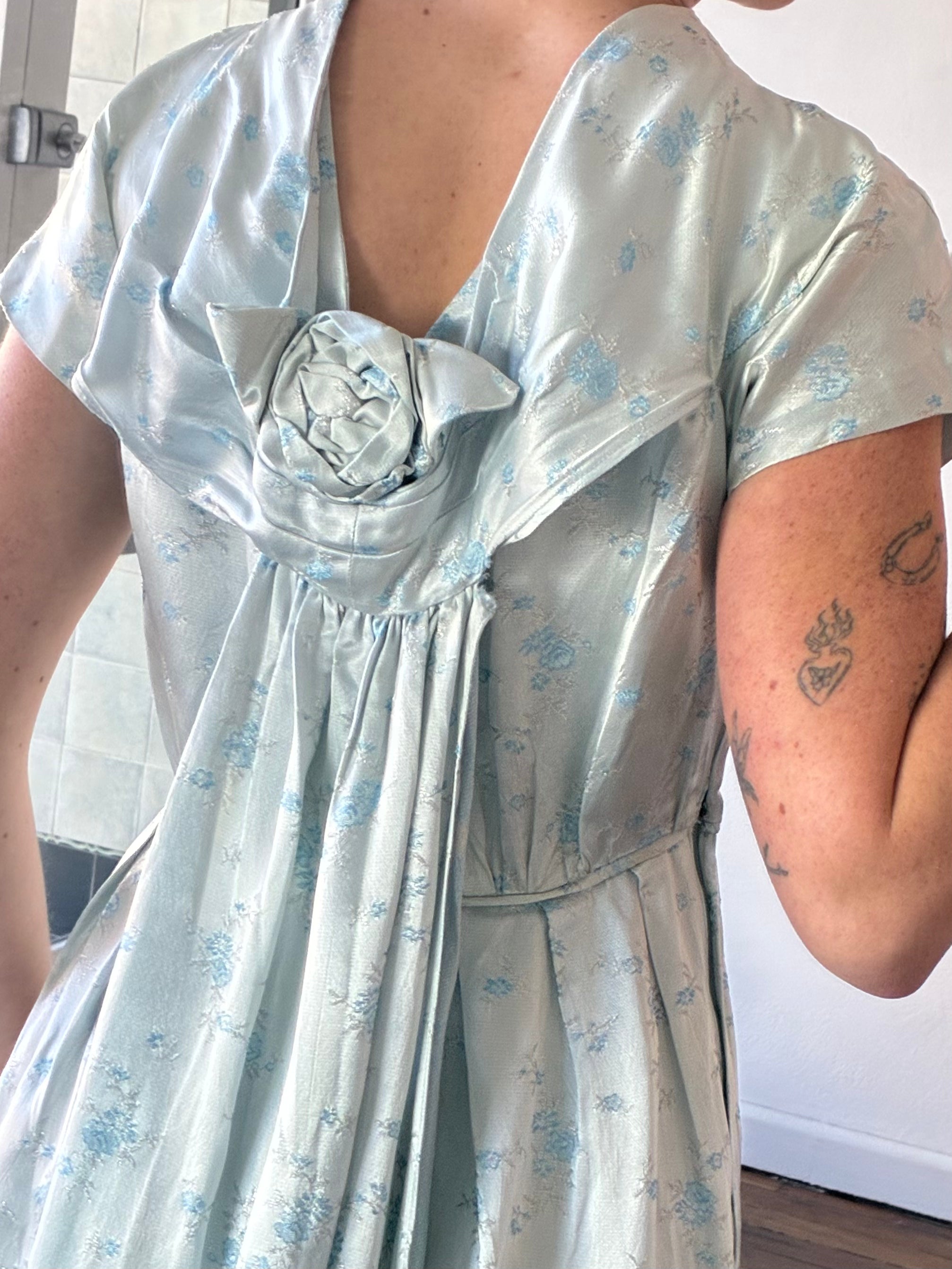 60s Light Blue Embroidered Silk Satin Cape Dress
