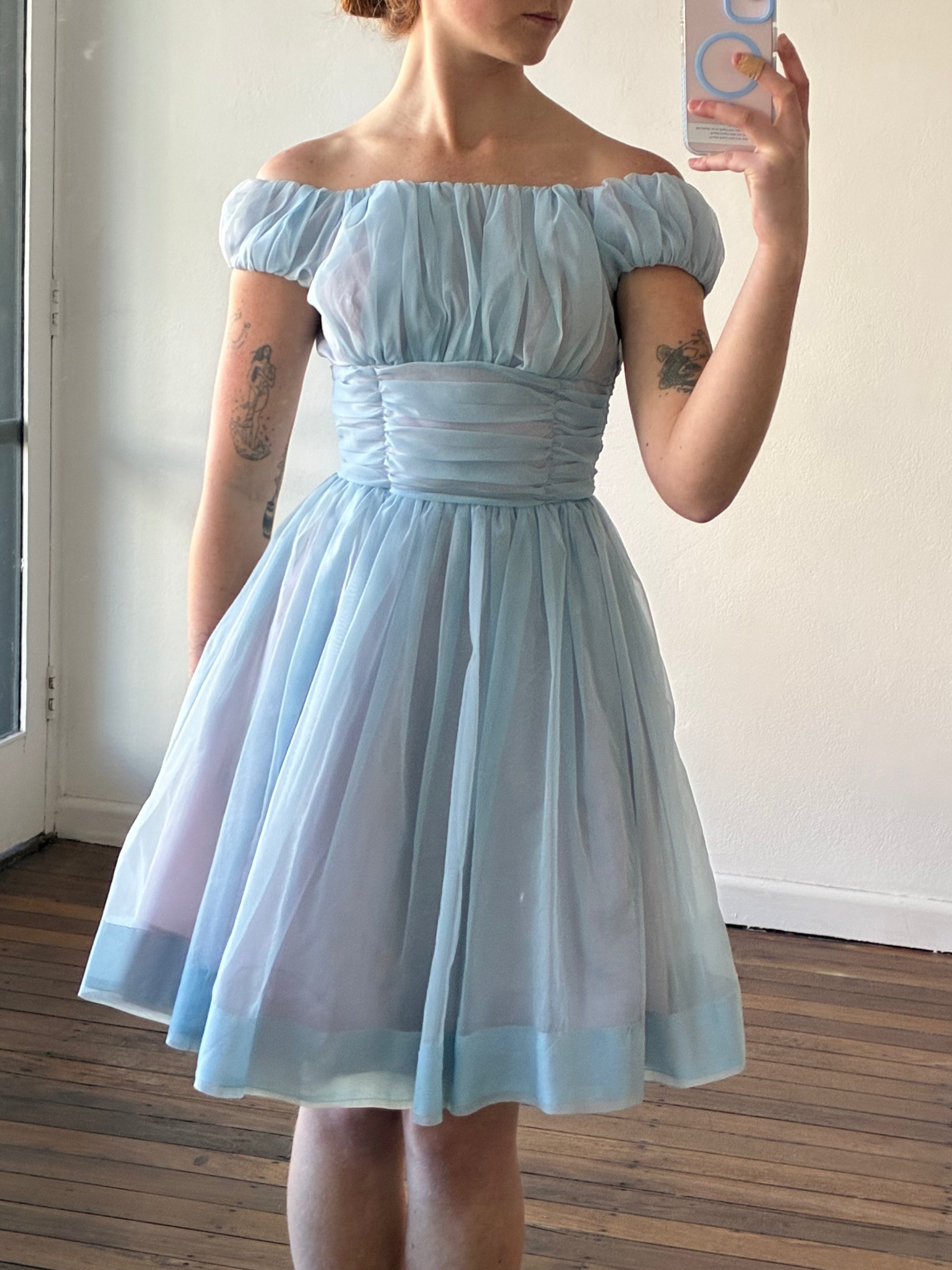 50s Periwinkle and Sky Blue Gathered Chiffon Mini