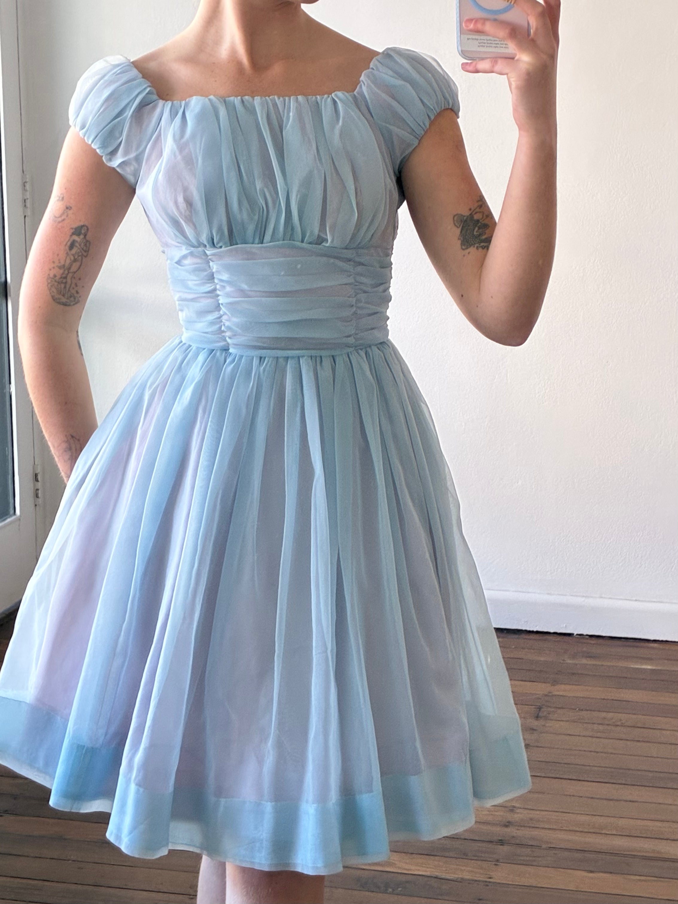 50s Periwinkle and Sky Blue Gathered Chiffon Mini