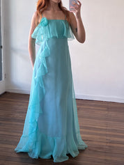 90s Turquoise Asymmetrical Ruffle Rosette Dress