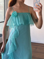 90s Turquoise Asymmetrical Ruffle Rosette Dress