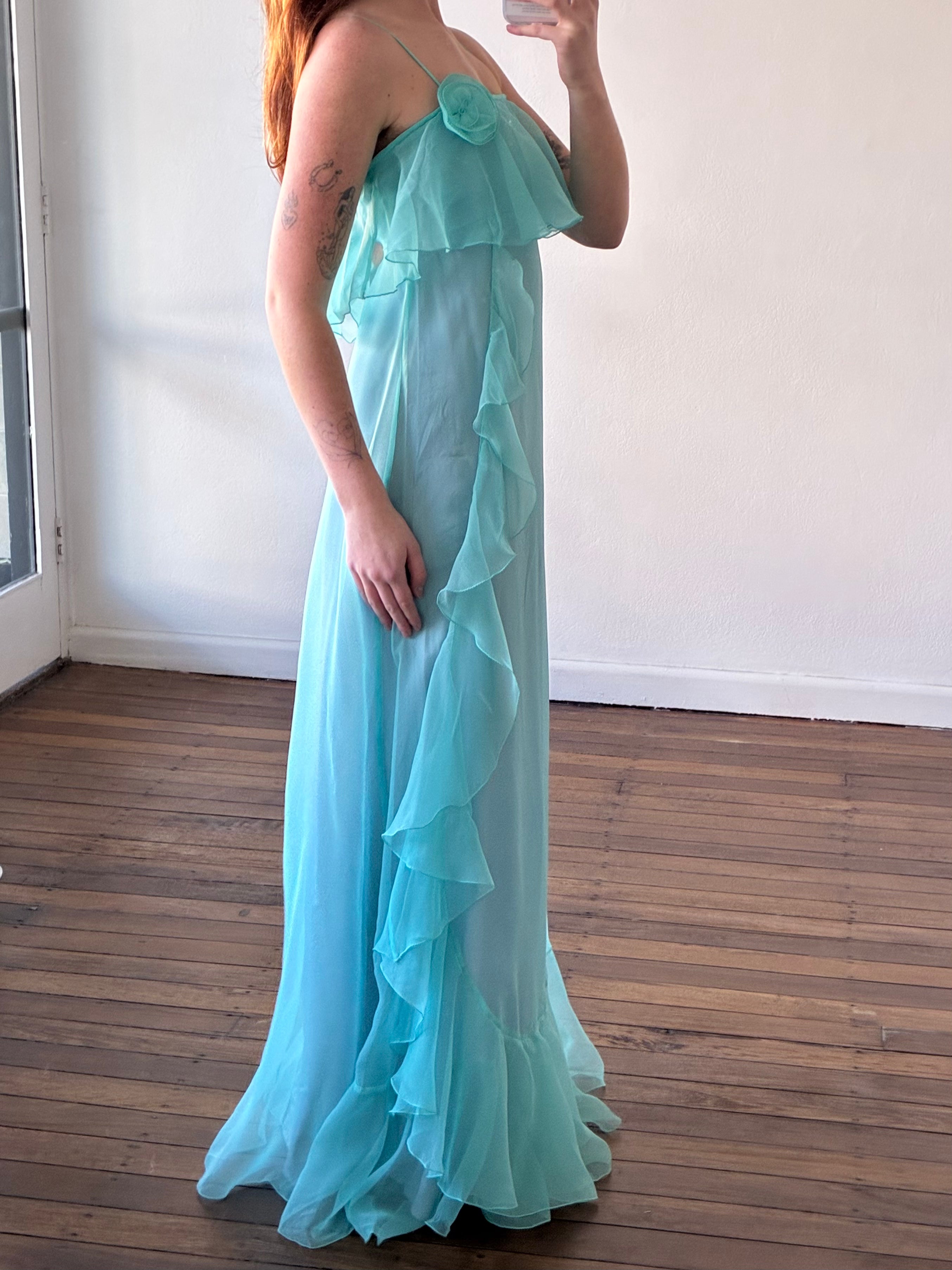 90s Turquoise Asymmetrical Ruffle Rosette Dress