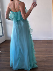 90s Turquoise Asymmetrical Ruffle Rosette Dress