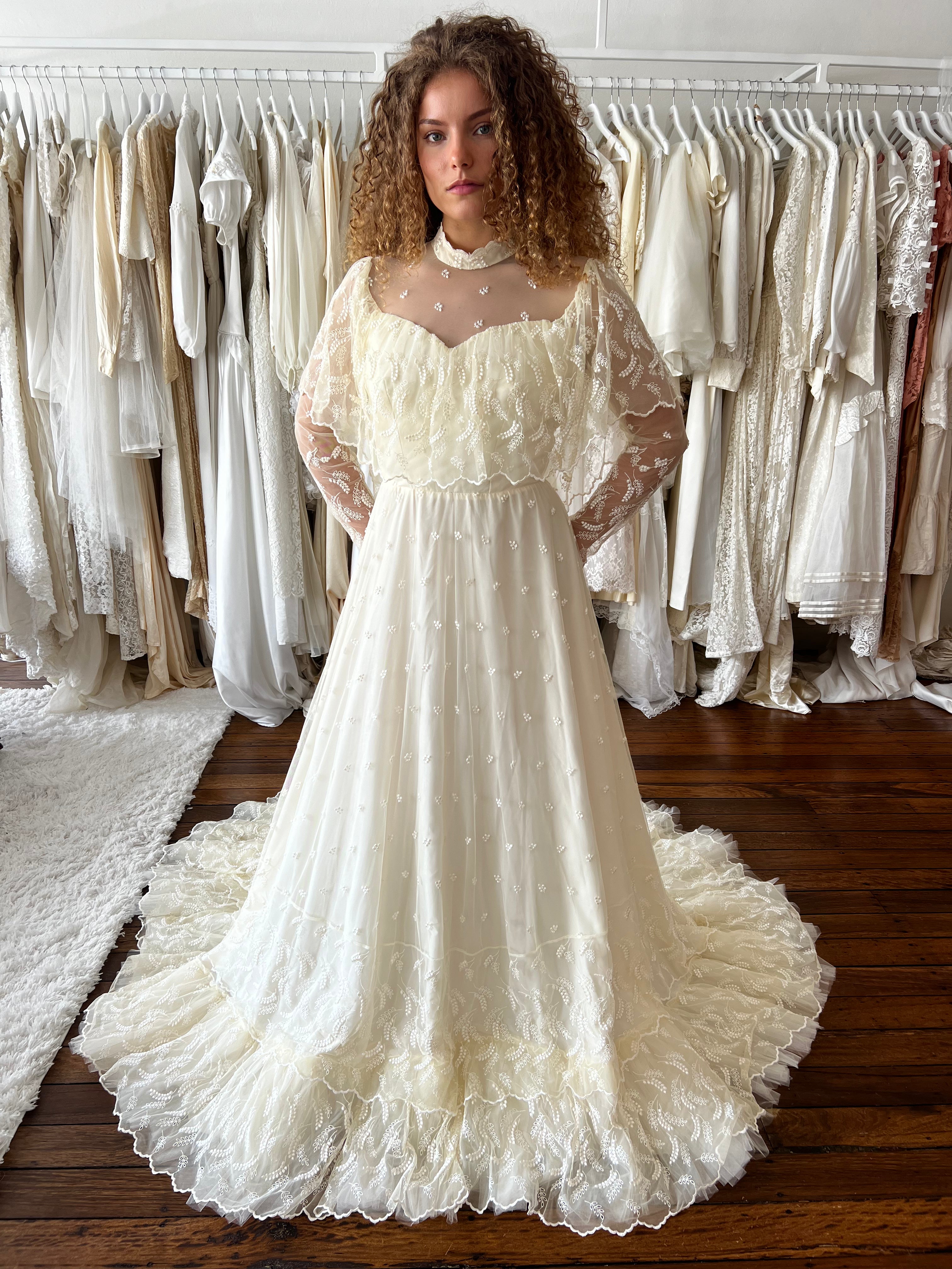 70s Cream Embroidered Prairie Dress