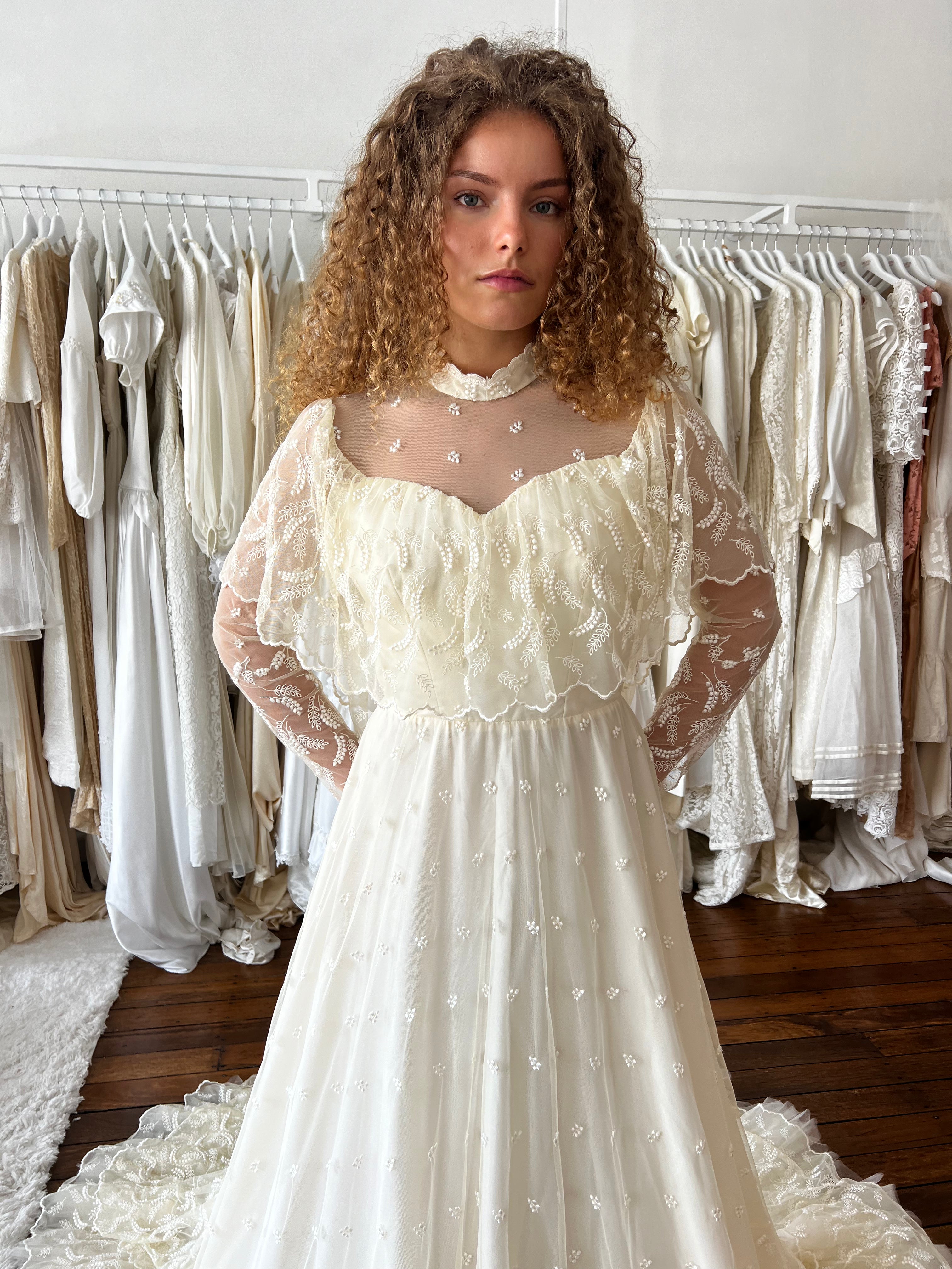 70s Cream Embroidered Prairie Dress