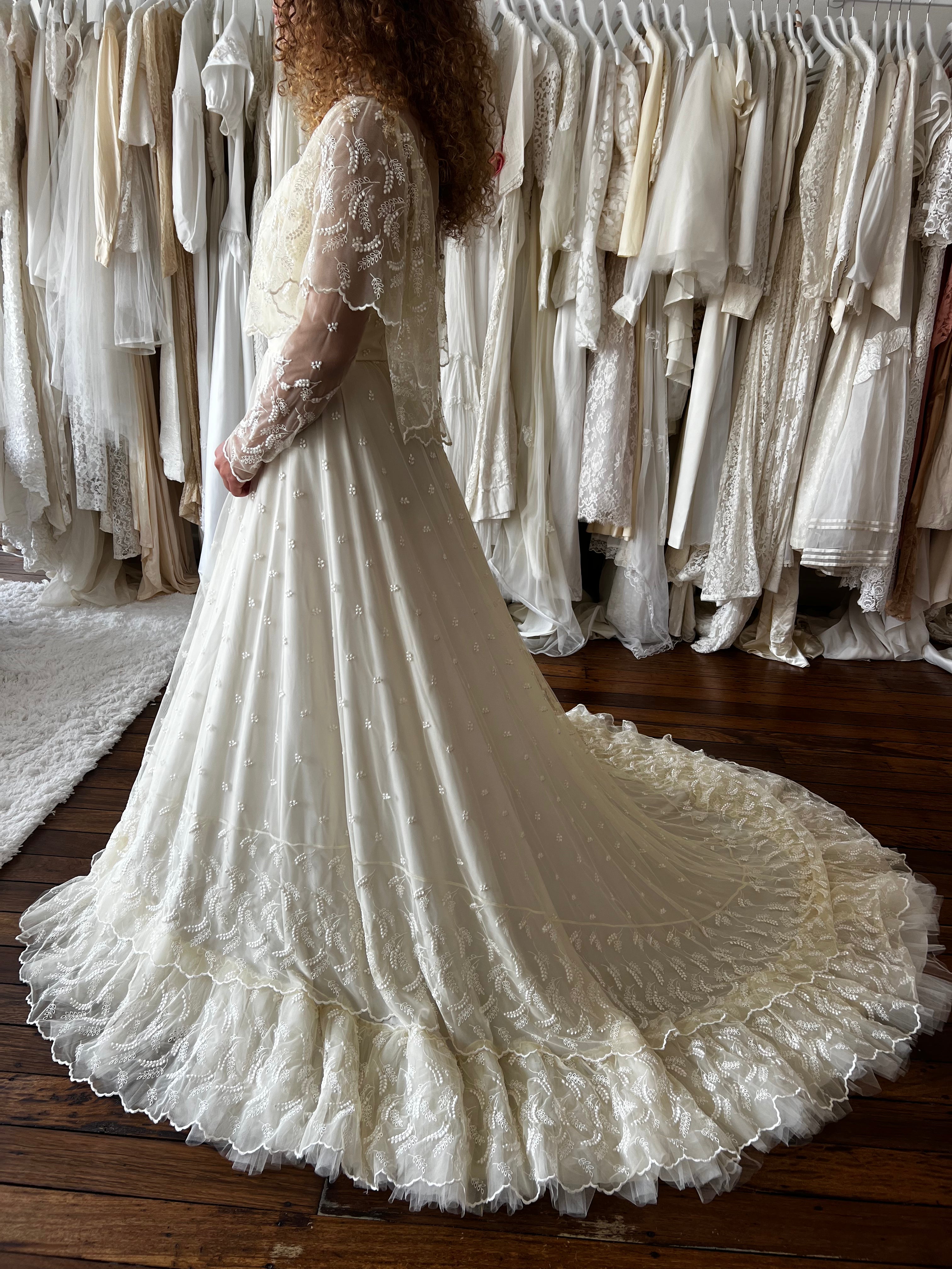 70s Cream Embroidered Prairie Dress