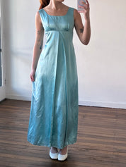 60s Turquoise Silk Satin Empire Dress