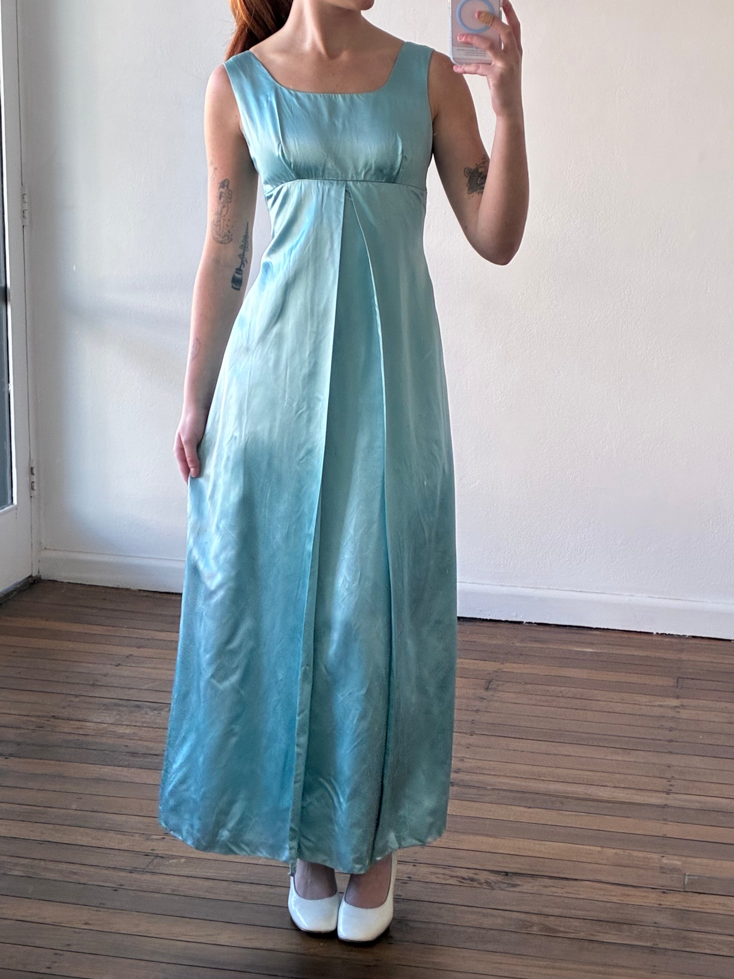 60s Turquoise Silk Satin Empire Dress