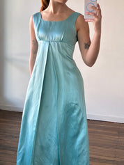 60s Turquoise Silk Satin Empire Dress