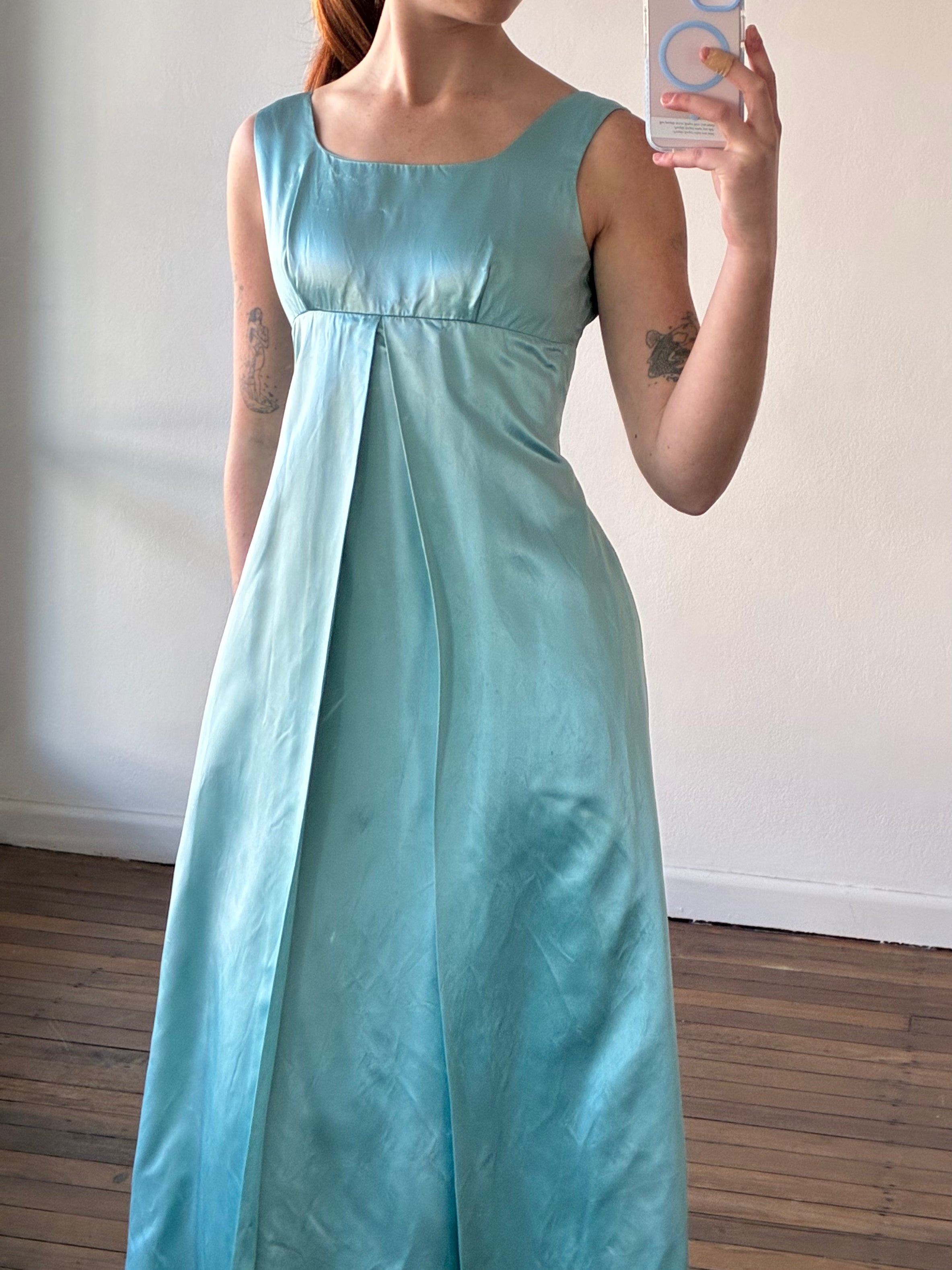 60s Turquoise Silk Satin Empire Dress