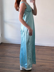 60s Turquoise Silk Satin Empire Dress