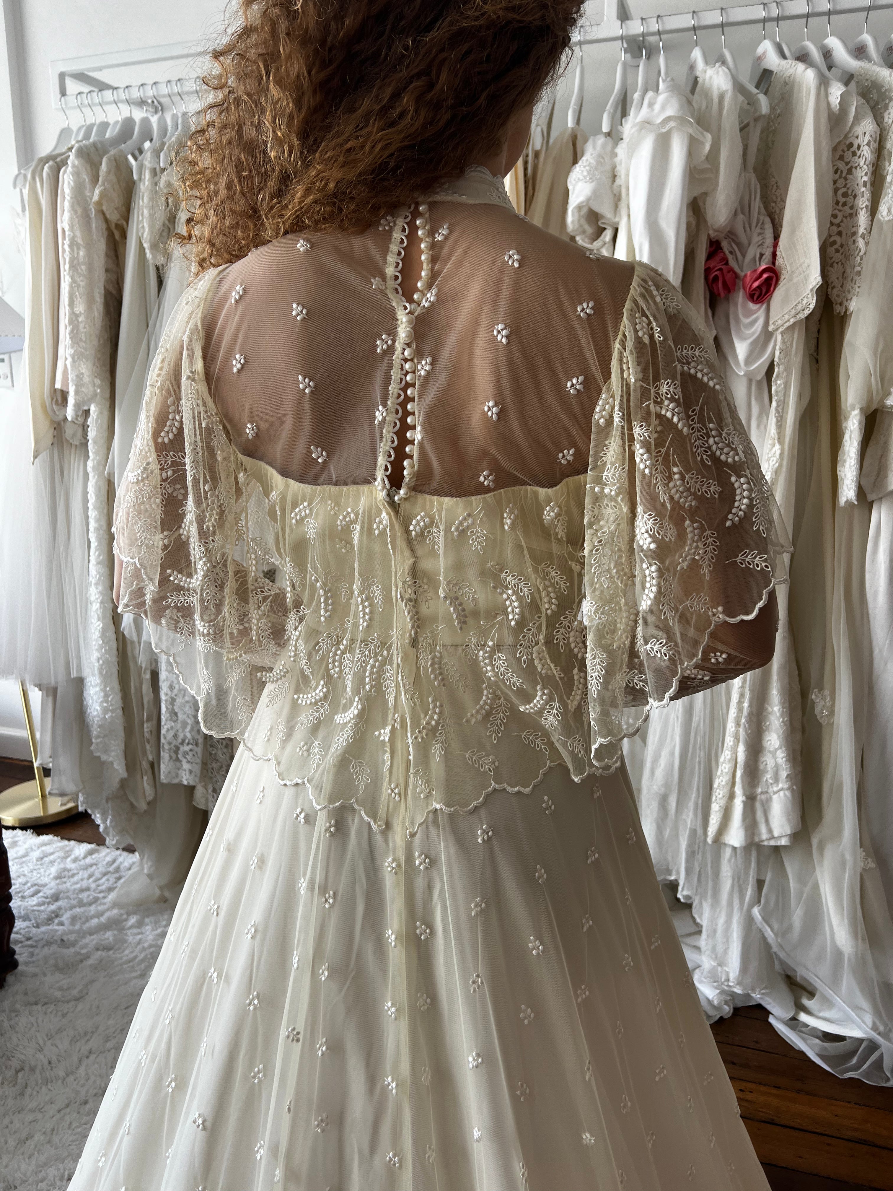 70s Cream Embroidered Prairie Dress