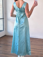 60s Turquoise Silk Satin Empire Dress