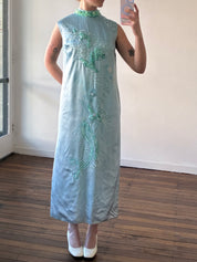 60s Aqua Beaded Silk Satin Qipao