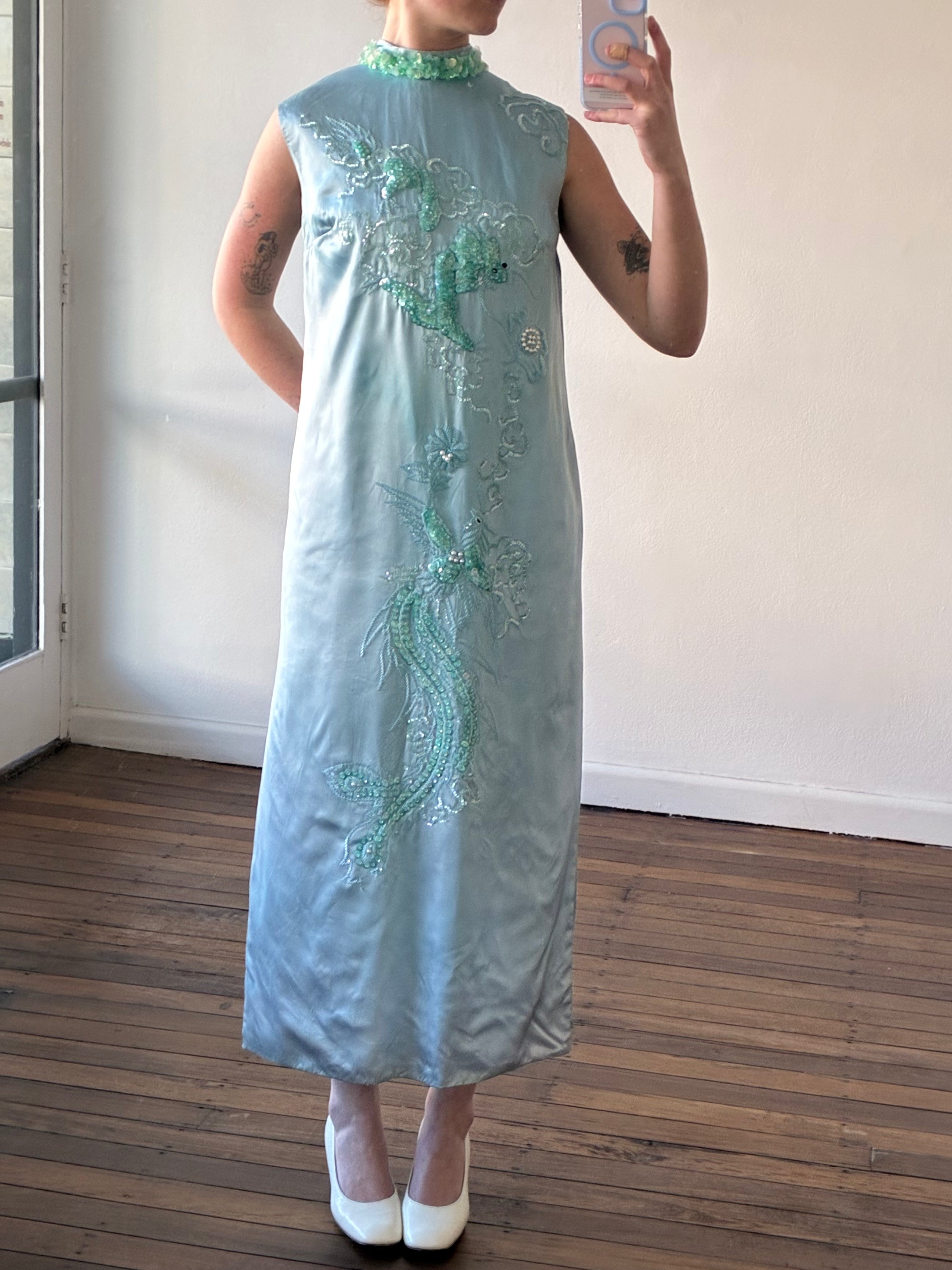 60s Aqua Beaded Silk Satin Qipao