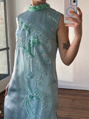 60s Aqua Beaded Silk Satin Qipao