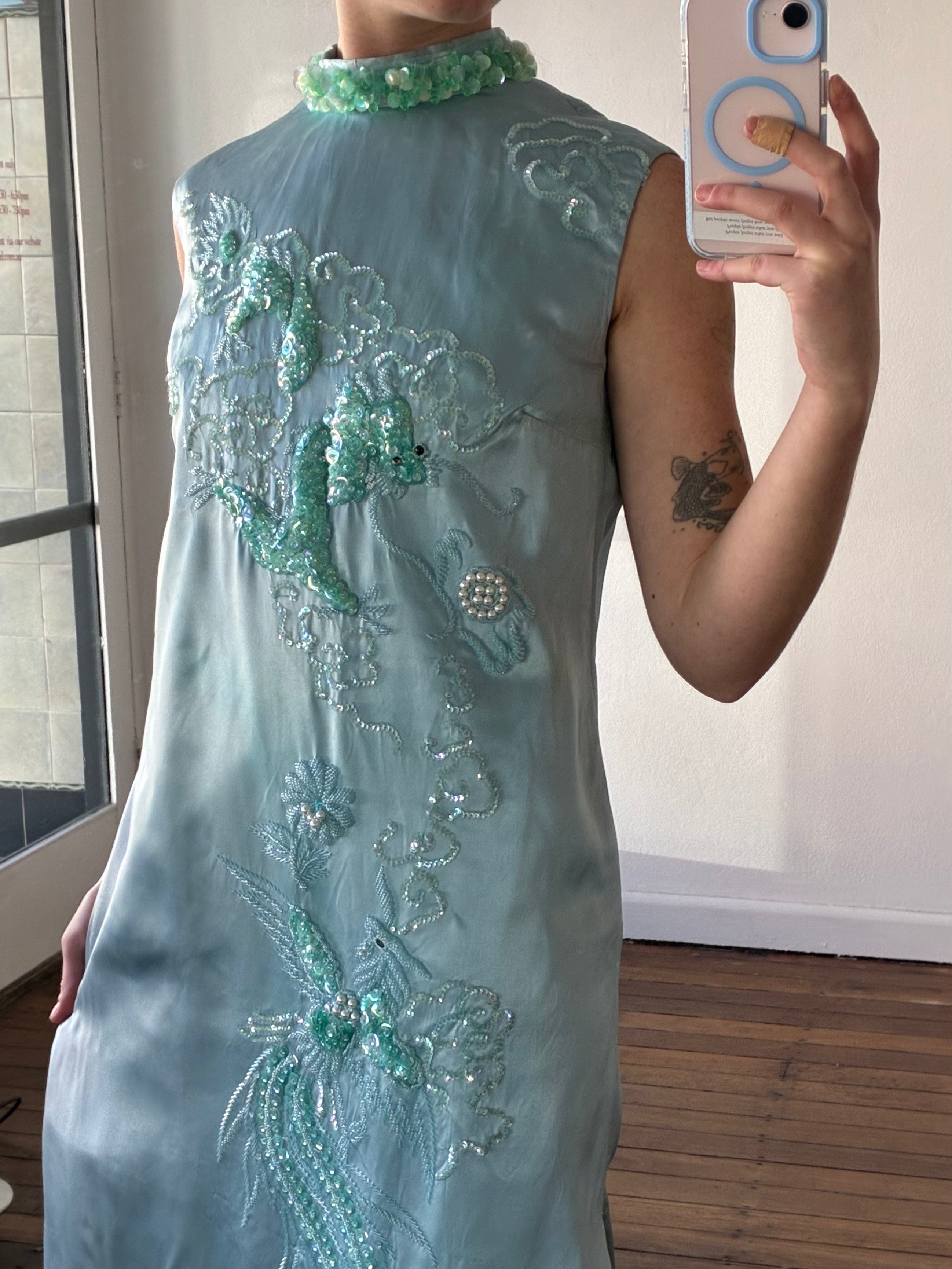 60s Aqua Beaded Silk Satin Qipao