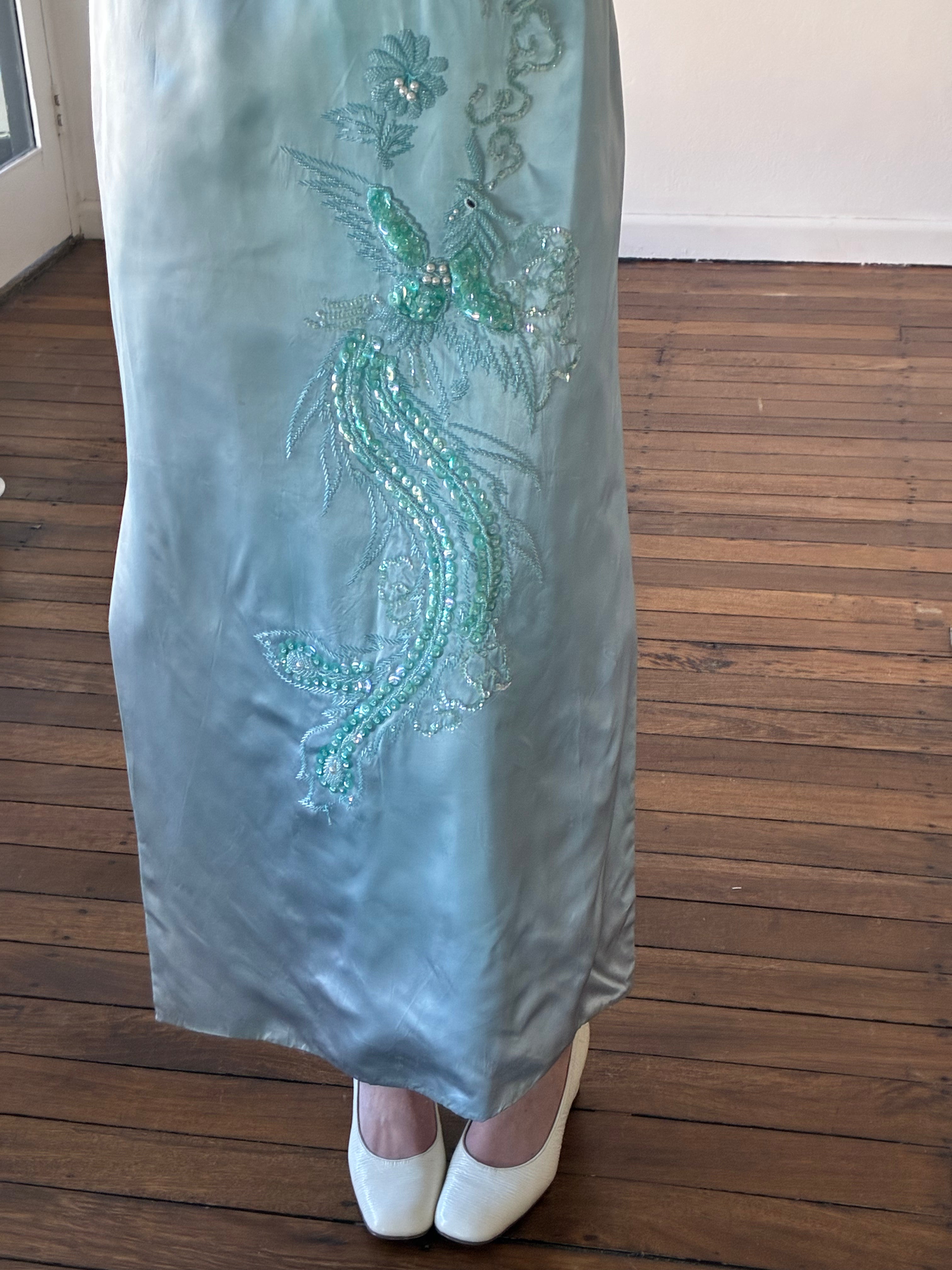 60s Aqua Beaded Silk Satin Qipao