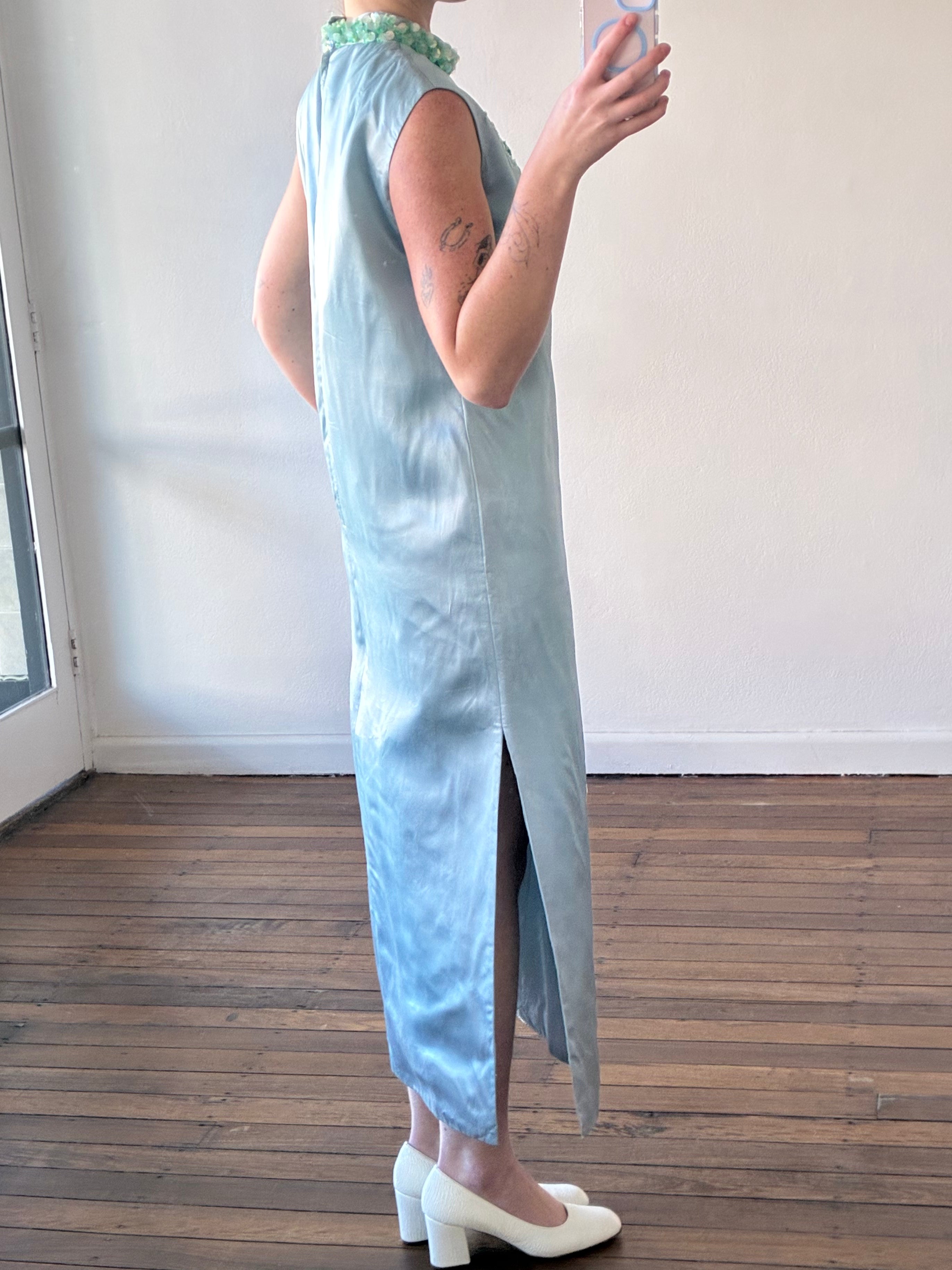 60s Aqua Beaded Silk Satin Qipao