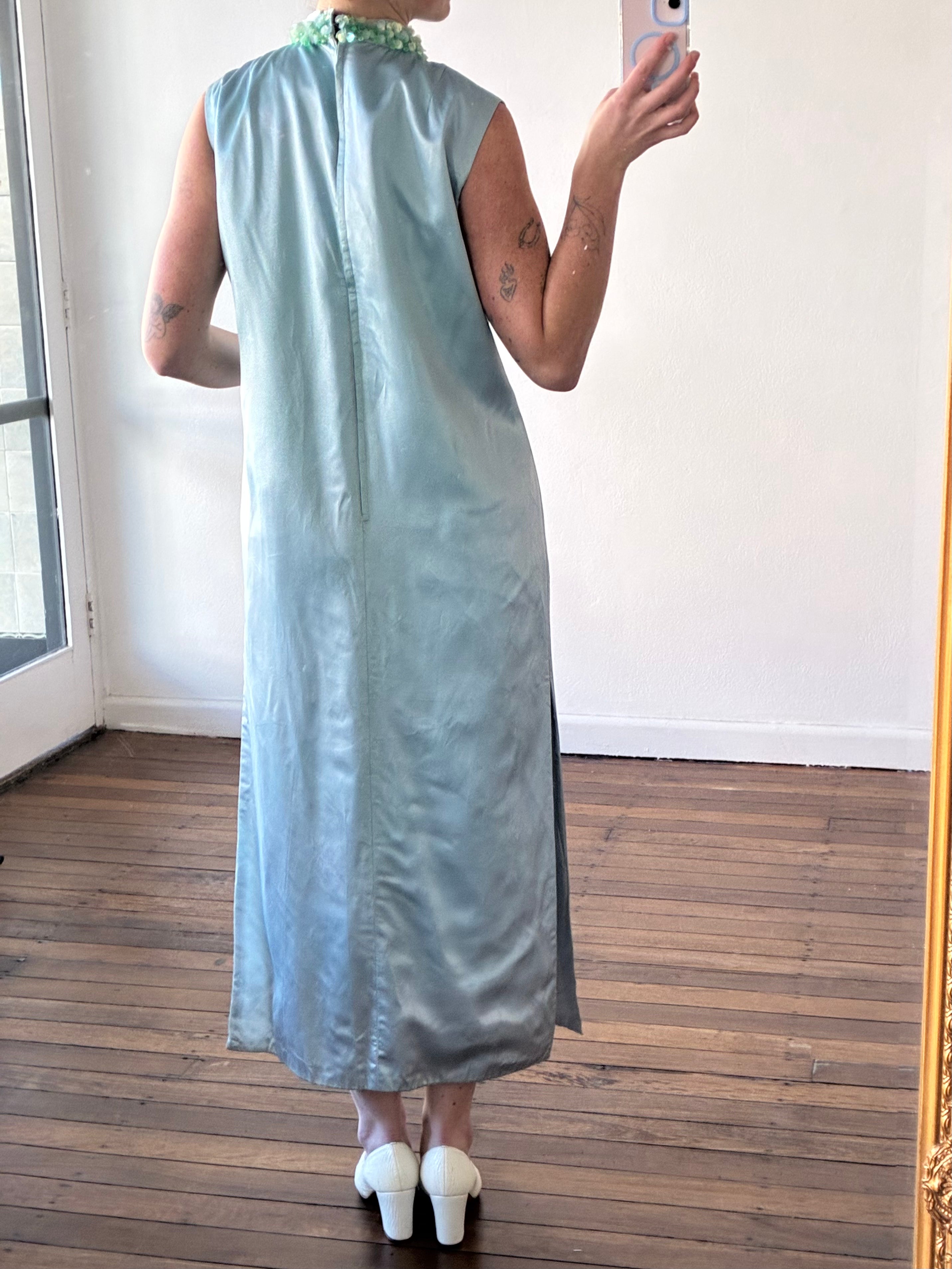 60s Aqua Beaded Silk Satin Qipao