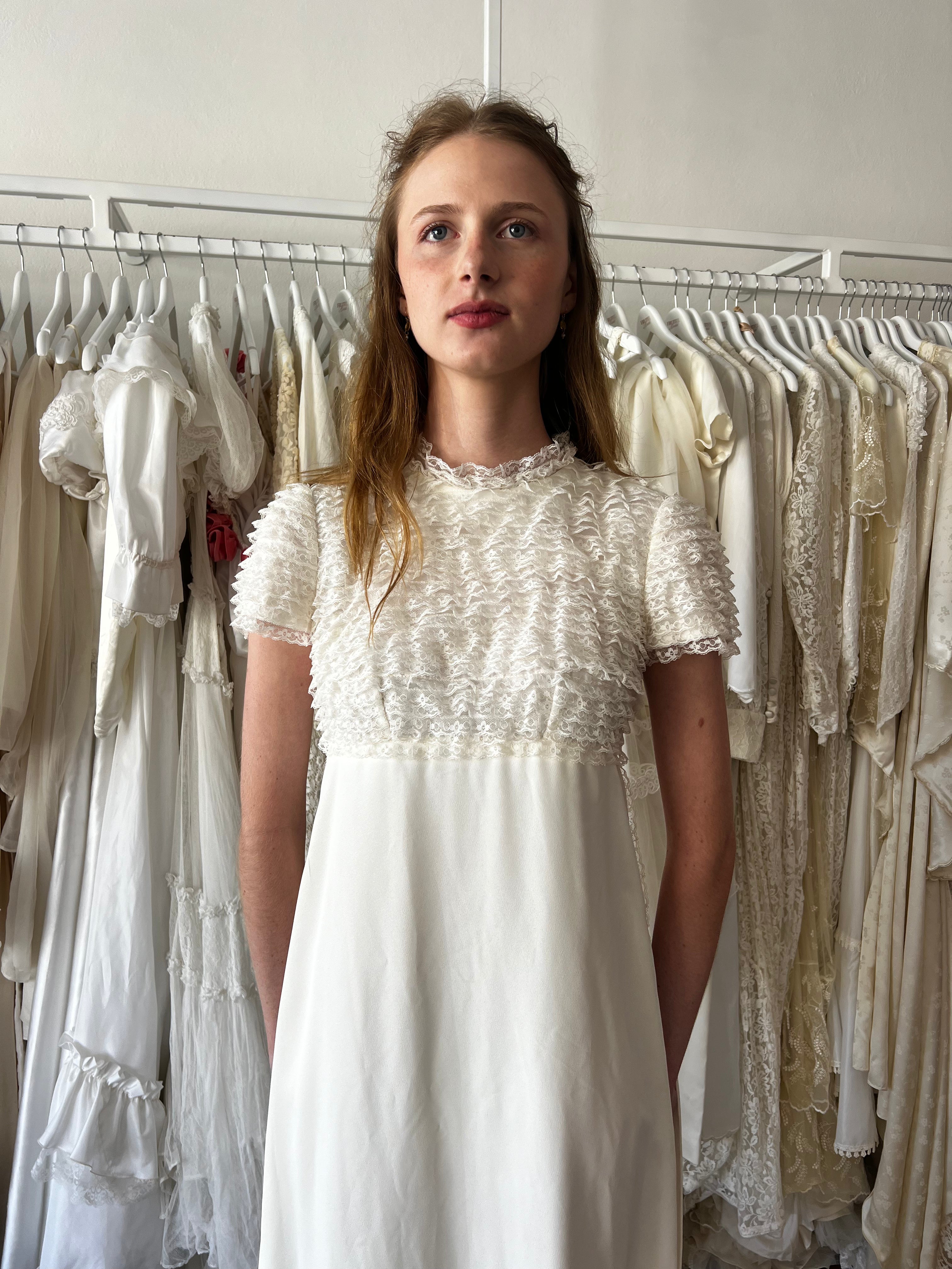 60s Lace Ruffle Empire Dress with Rectangular Train