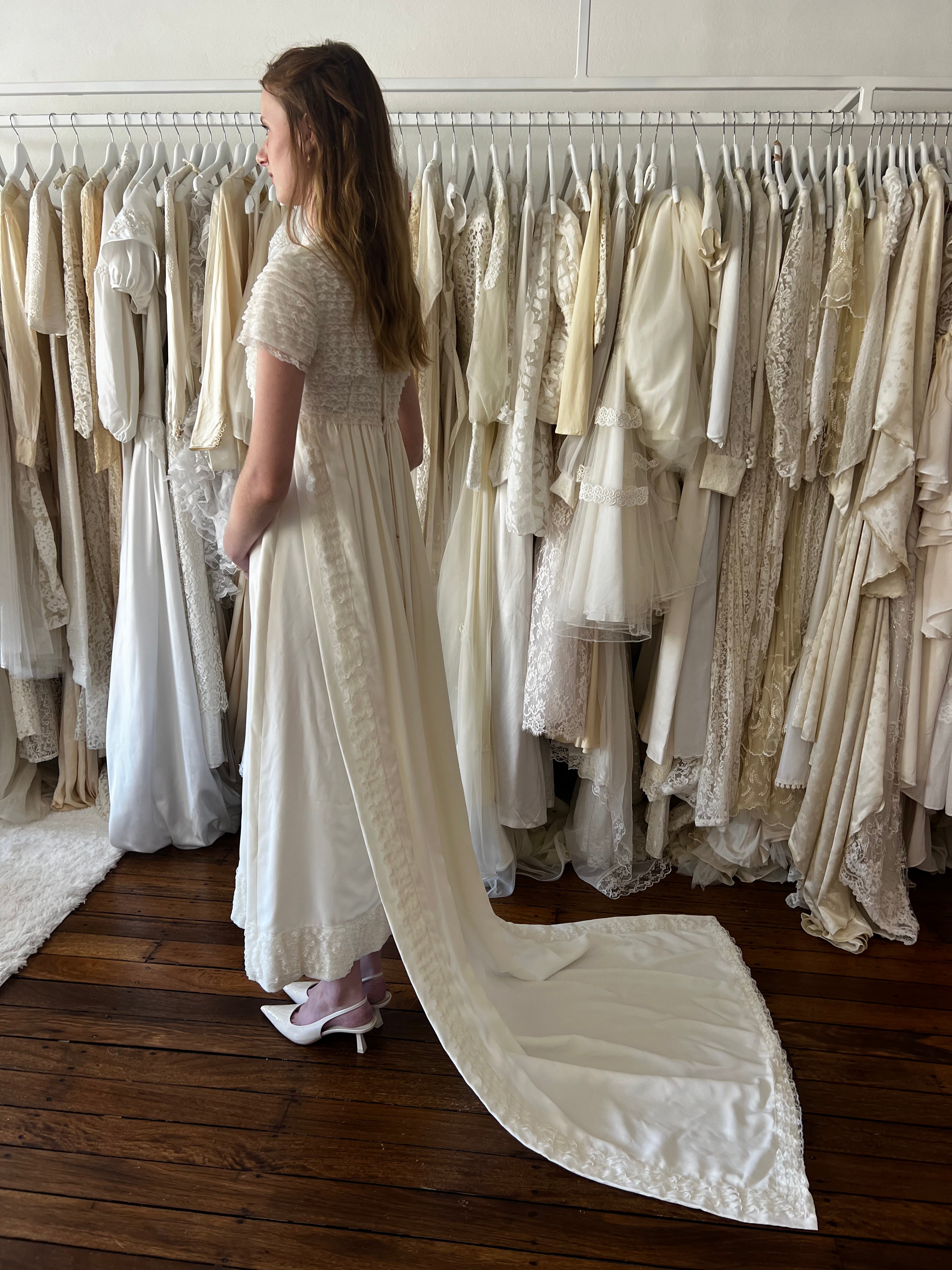 60s Lace Ruffle Empire Dress with Rectangular Train