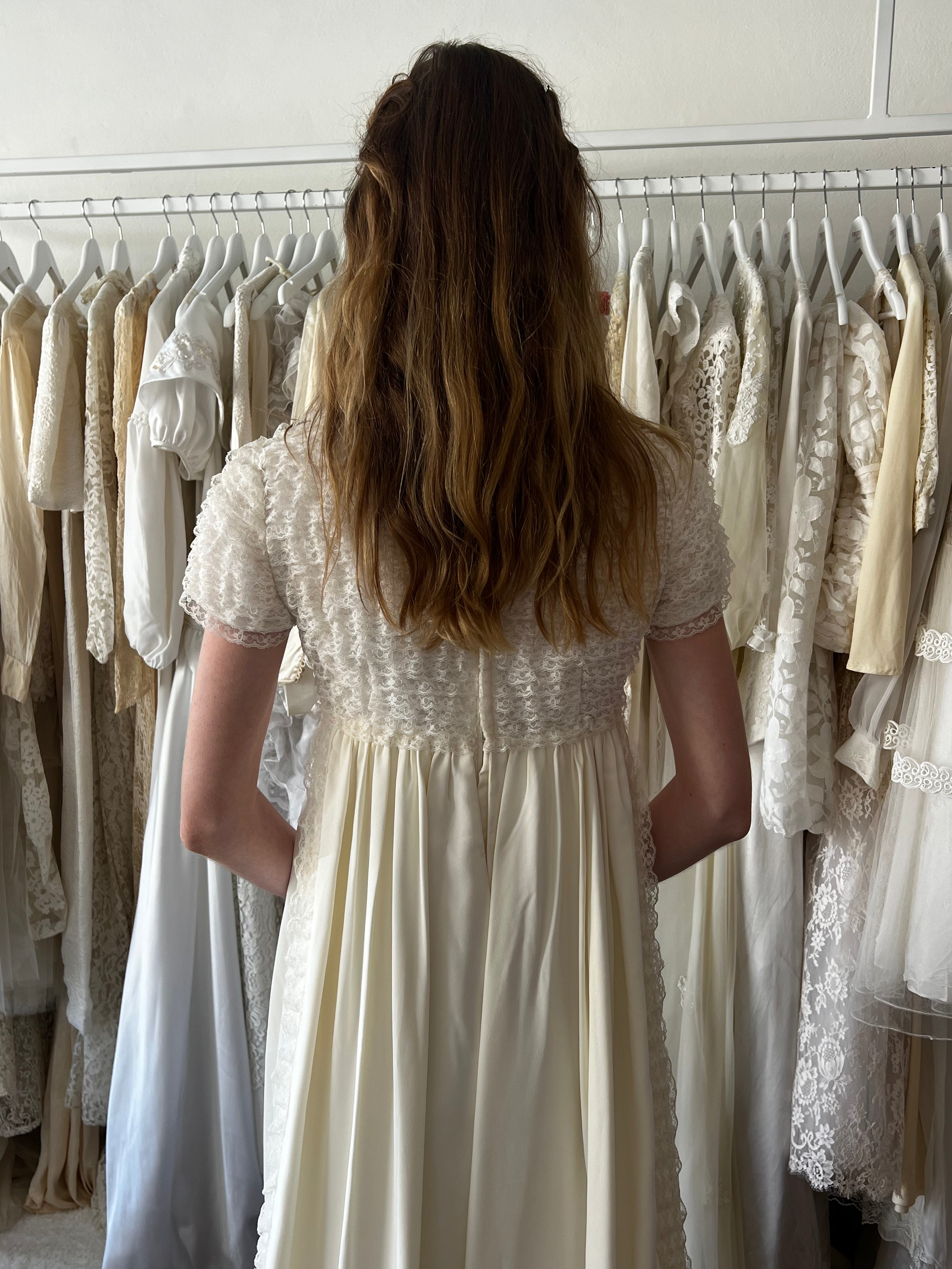 60s Lace Ruffle Empire Dress with Rectangular Train