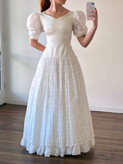 80s Repurposed 60s Space Age Embroidered Chiffon Drop Waist Dress