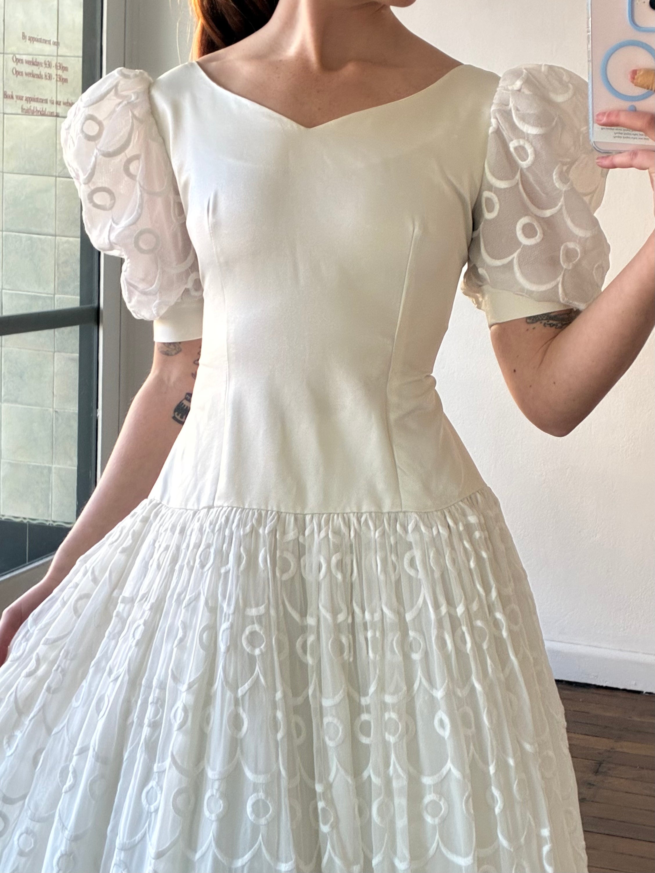 80s Repurposed 60s Space Age Embroidered Chiffon Drop Waist Dress