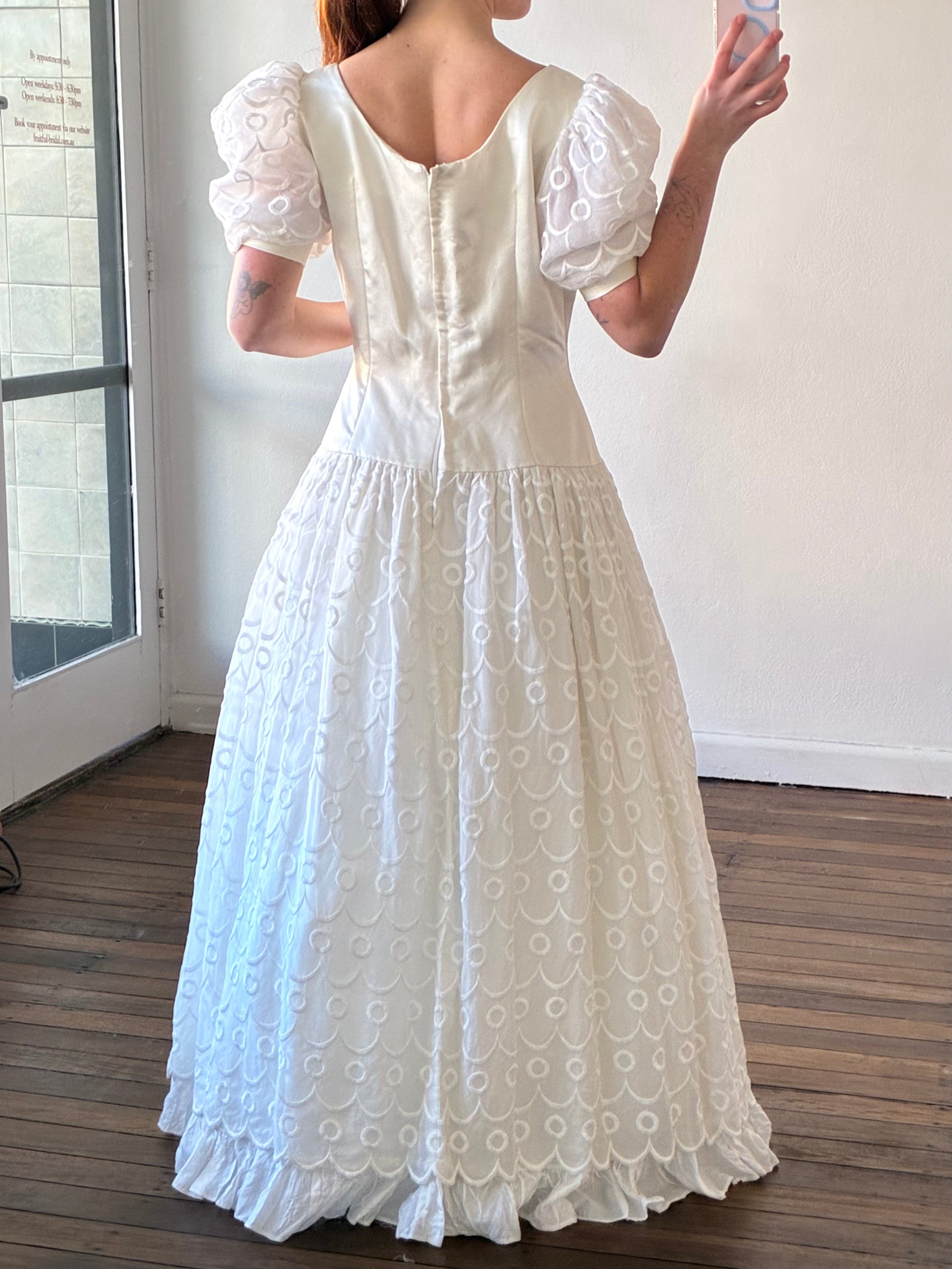 80s Repurposed 60s Space Age Embroidered Chiffon Drop Waist Dress