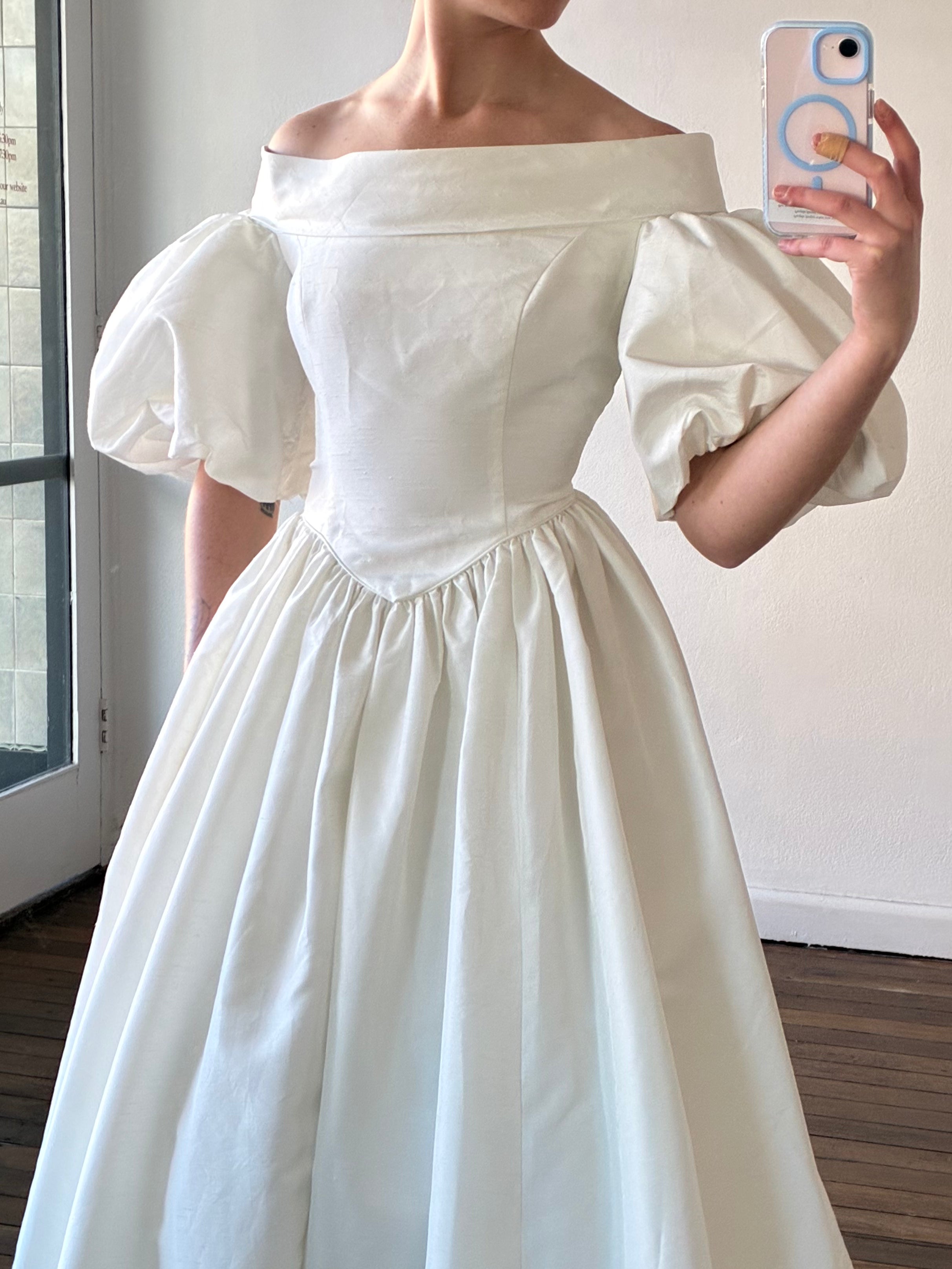 90s Folded Off-the-shoulder Neckline Puff Sleeve Dress