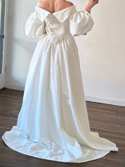 90s Folded Off-the-shoulder Neckline Puff Sleeve Dress