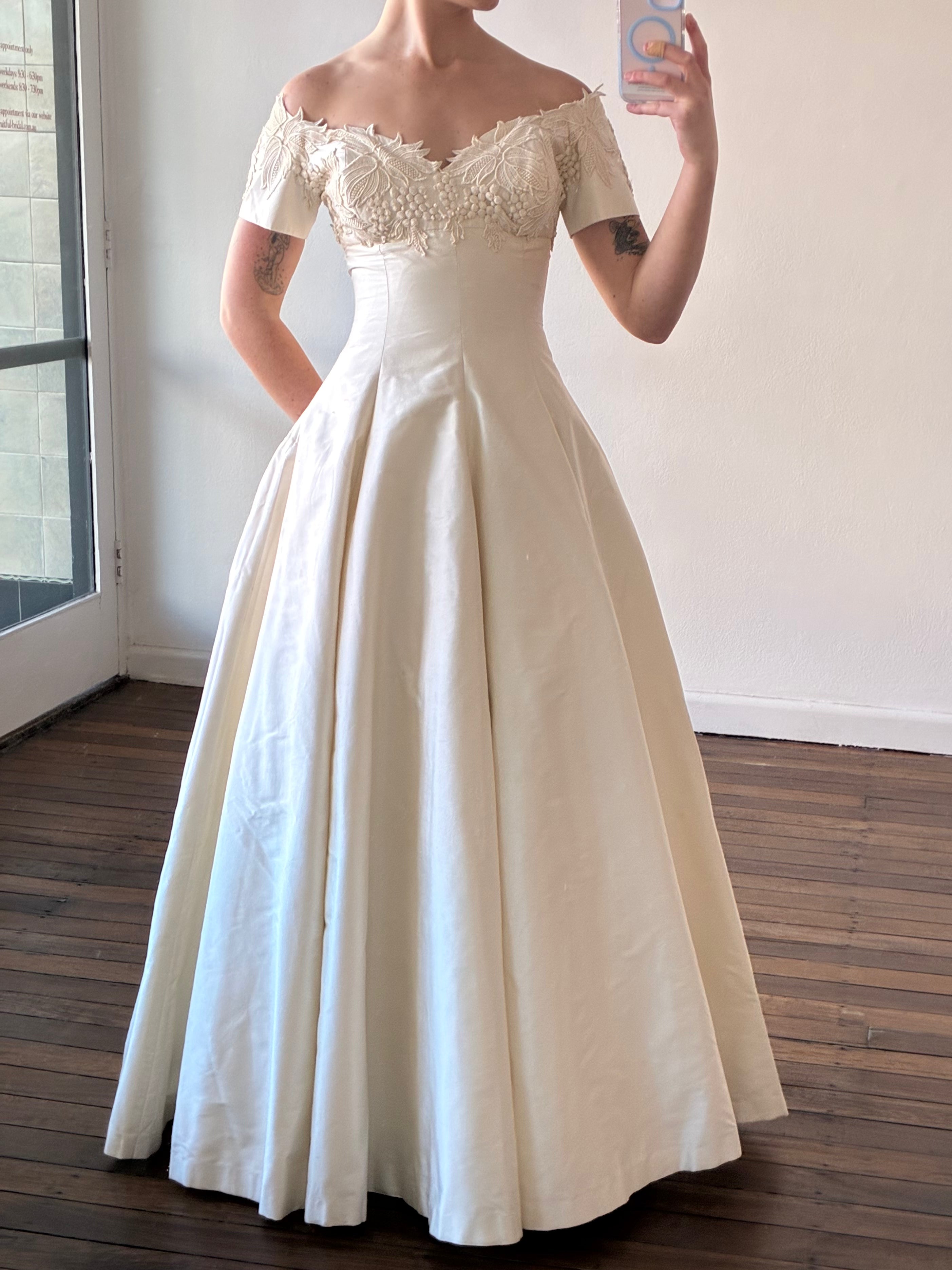 90s Raw Silk Off-the-shoulder Lace Detail Empire Dress
