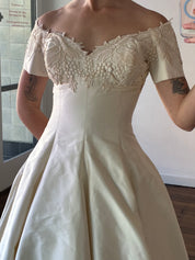 90s Raw Silk Off-the-shoulder Lace Detail Empire Dress