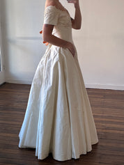 90s Raw Silk Off-the-shoulder Lace Detail Empire Dress