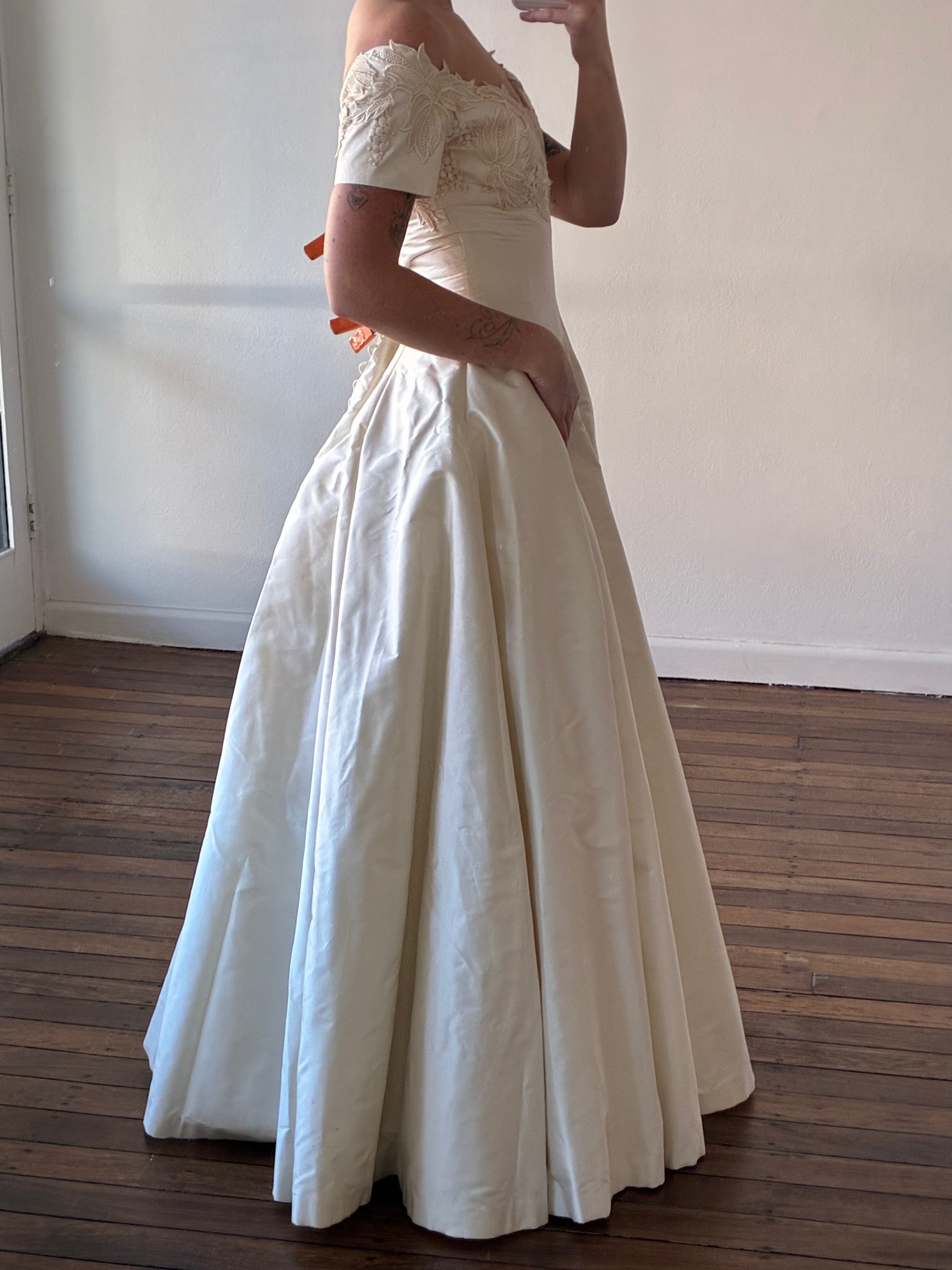 90s Raw Silk Off-the-shoulder Lace Detail Empire Dress