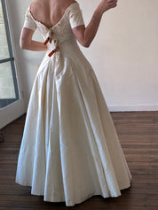 90s Raw Silk Off-the-shoulder Lace Detail Empire Dress