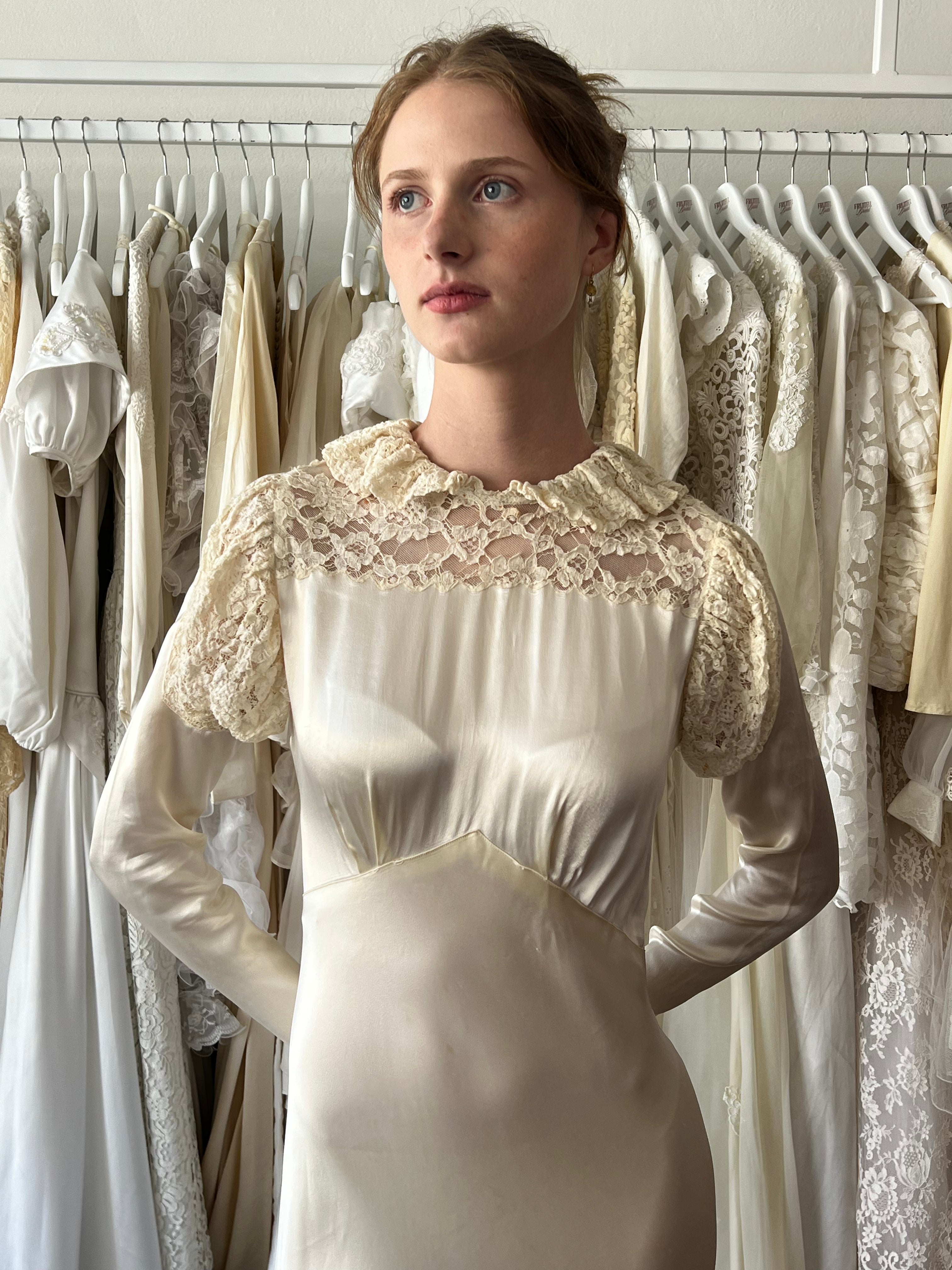 30s Liquid Silk Collared Lace Dress