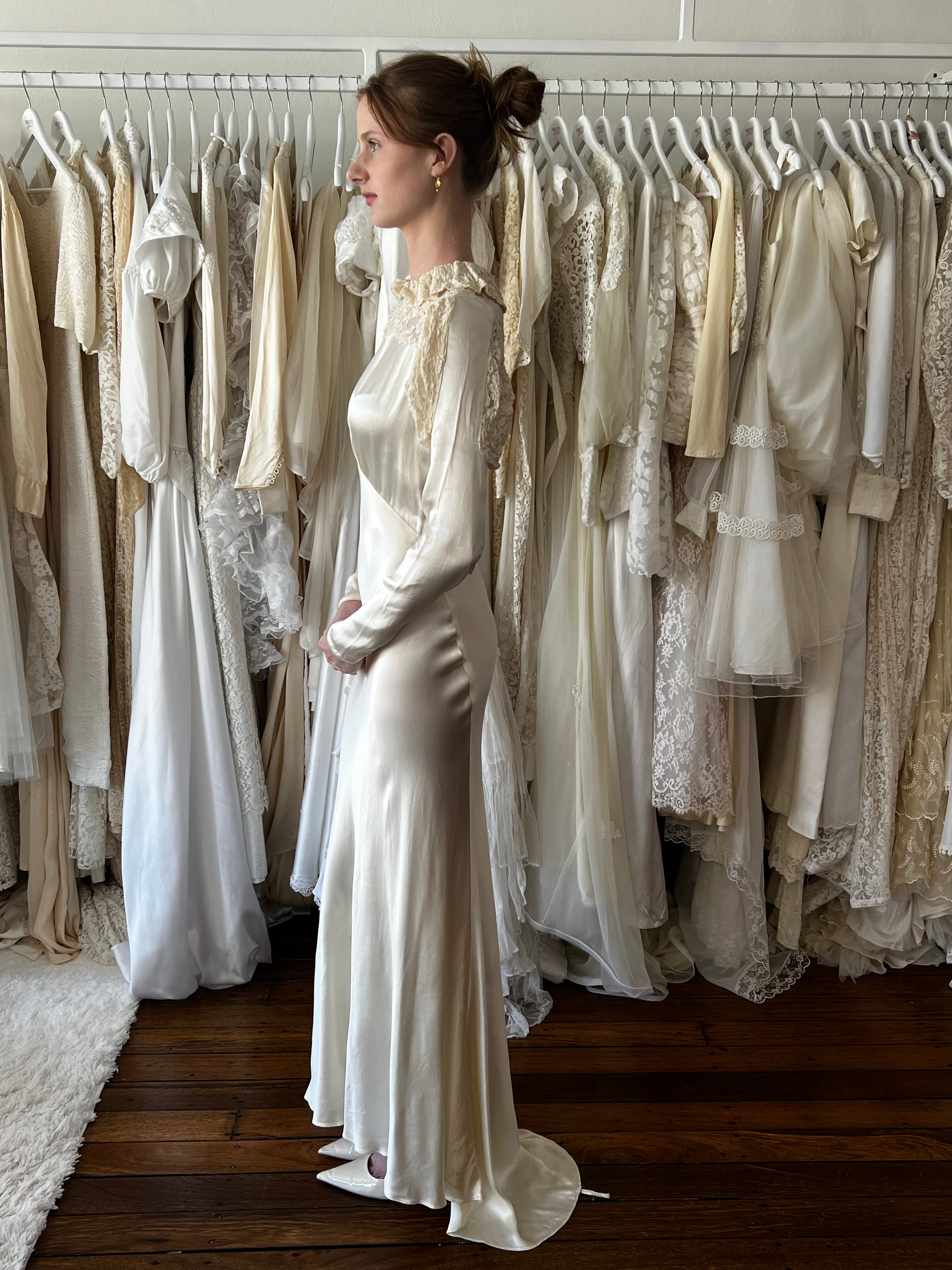 30s Liquid Silk Collared Lace Dress