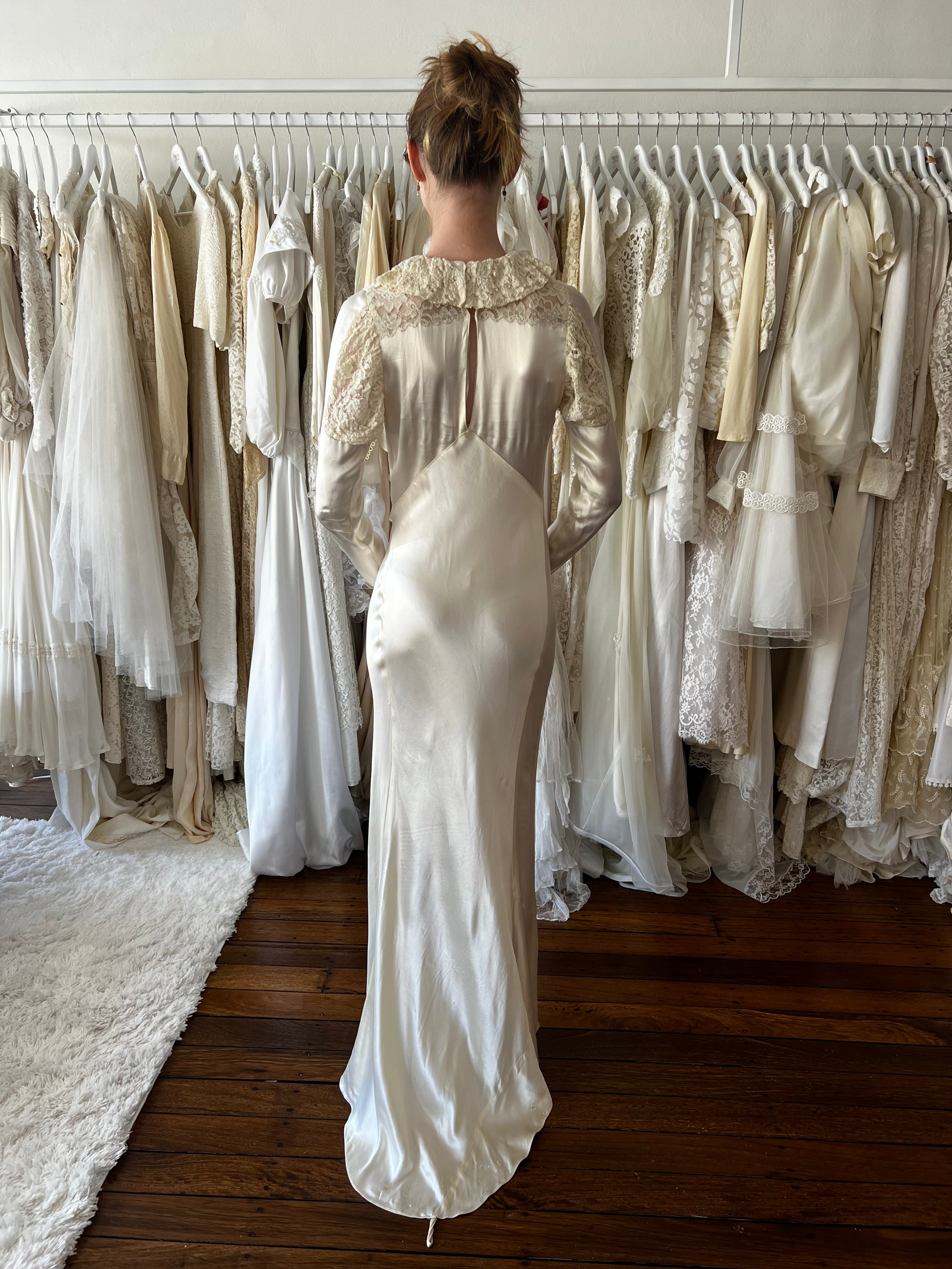 30s Liquid Silk Collared Lace Dress