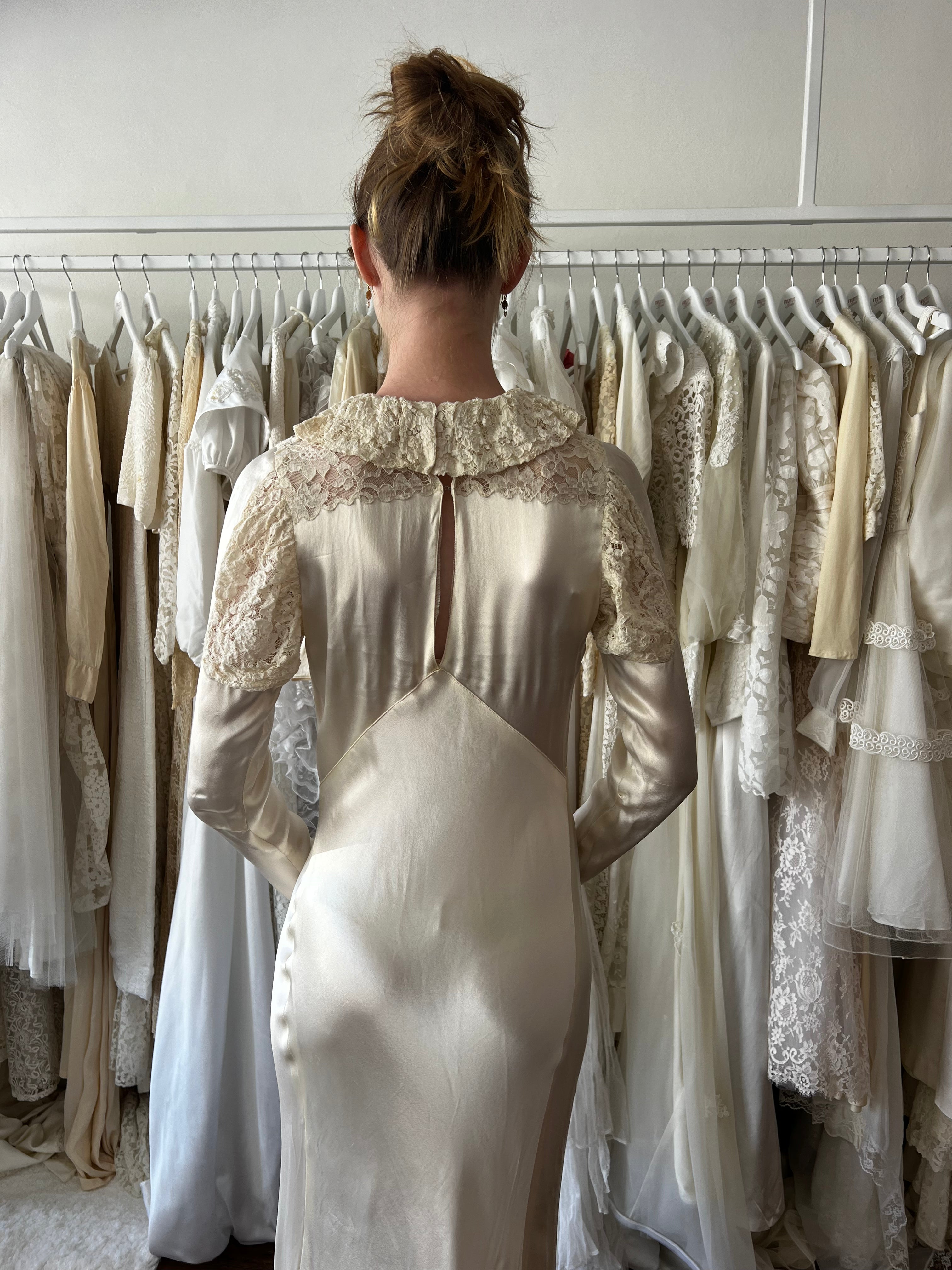 30s Liquid Silk Collared Lace Dress