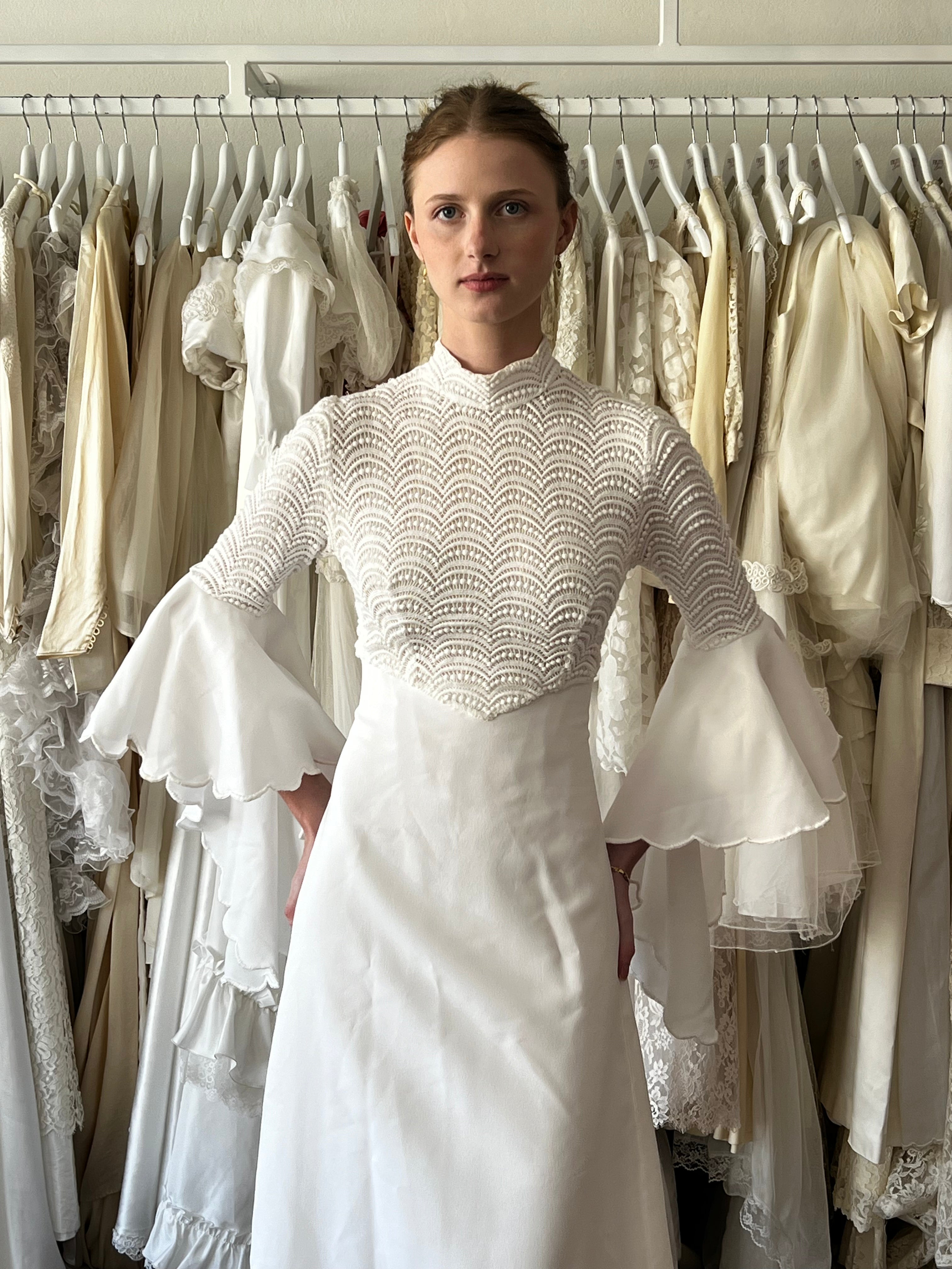 70s Flounce Sleeve Guipure Bodice Dress