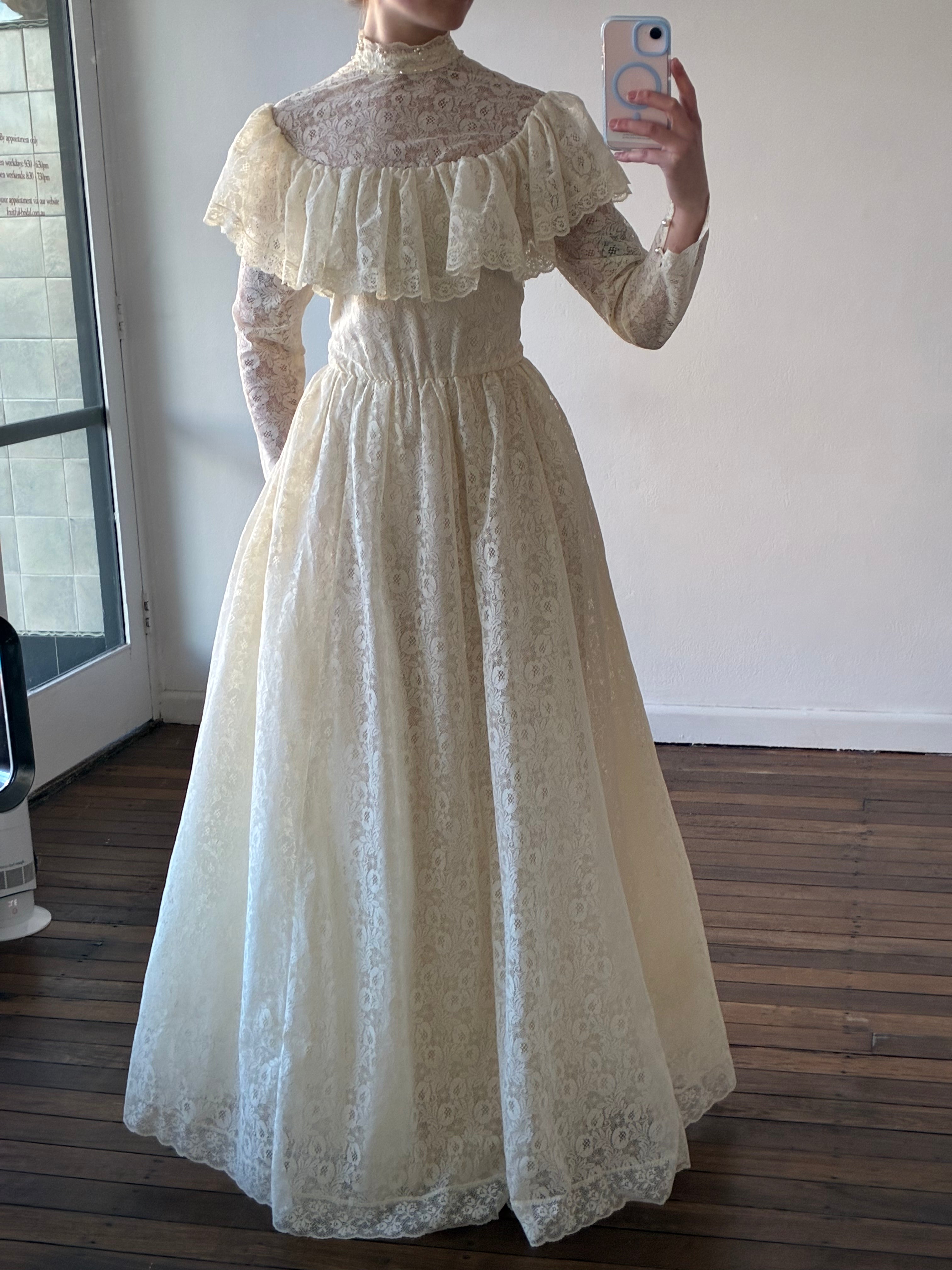 1985 Lace Mock-neck Dress with Basque Satin Belt