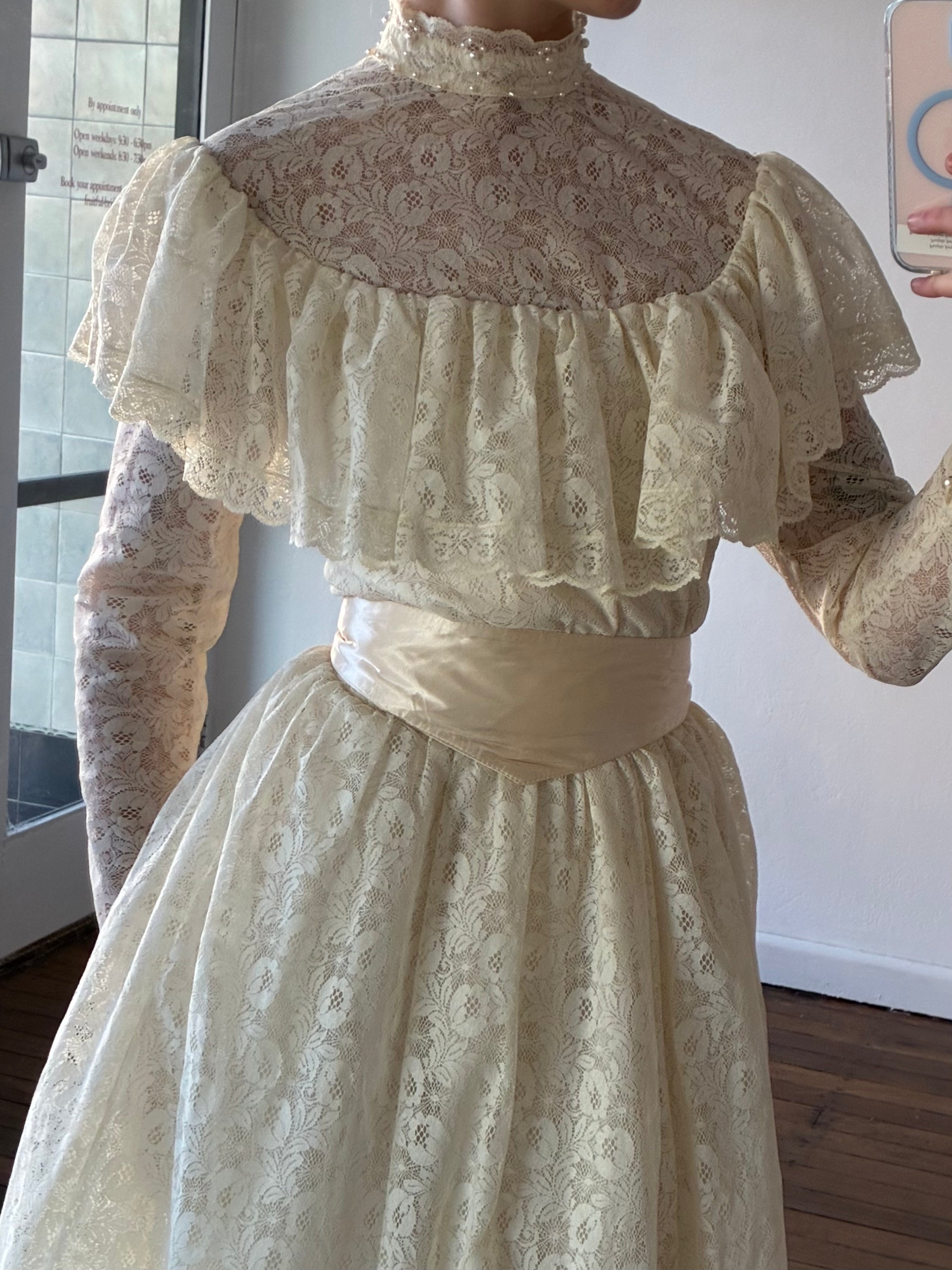 1985 Lace Mock-neck Dress with Basque Satin Belt