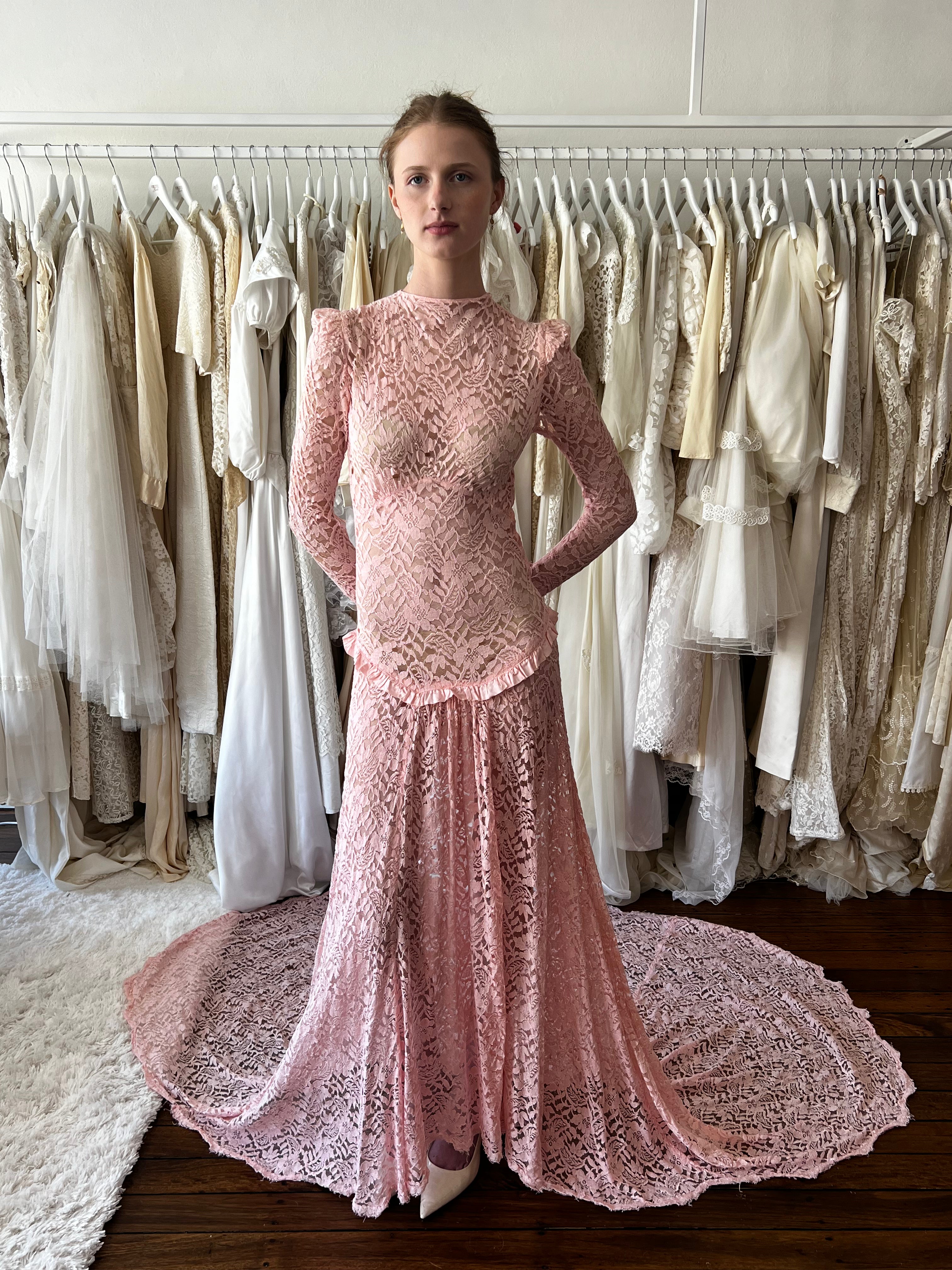 1910s Antique Pink Chantilly Lace Dress